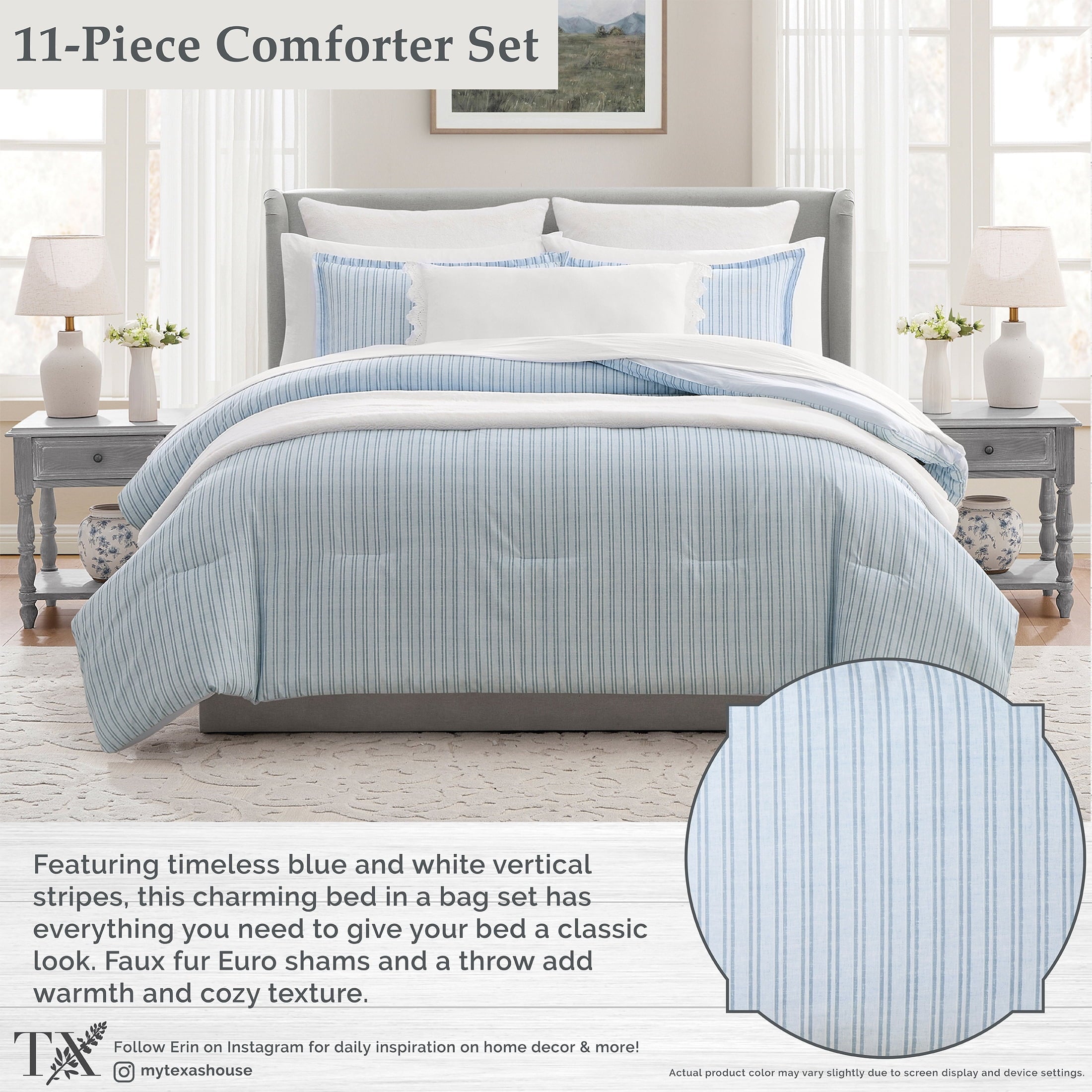 Luxurious Quilted Stripe 11-Piece Comforter Set with Sheets, Blue, Queen - All-Season Down Alternative Comforter Insert Detail