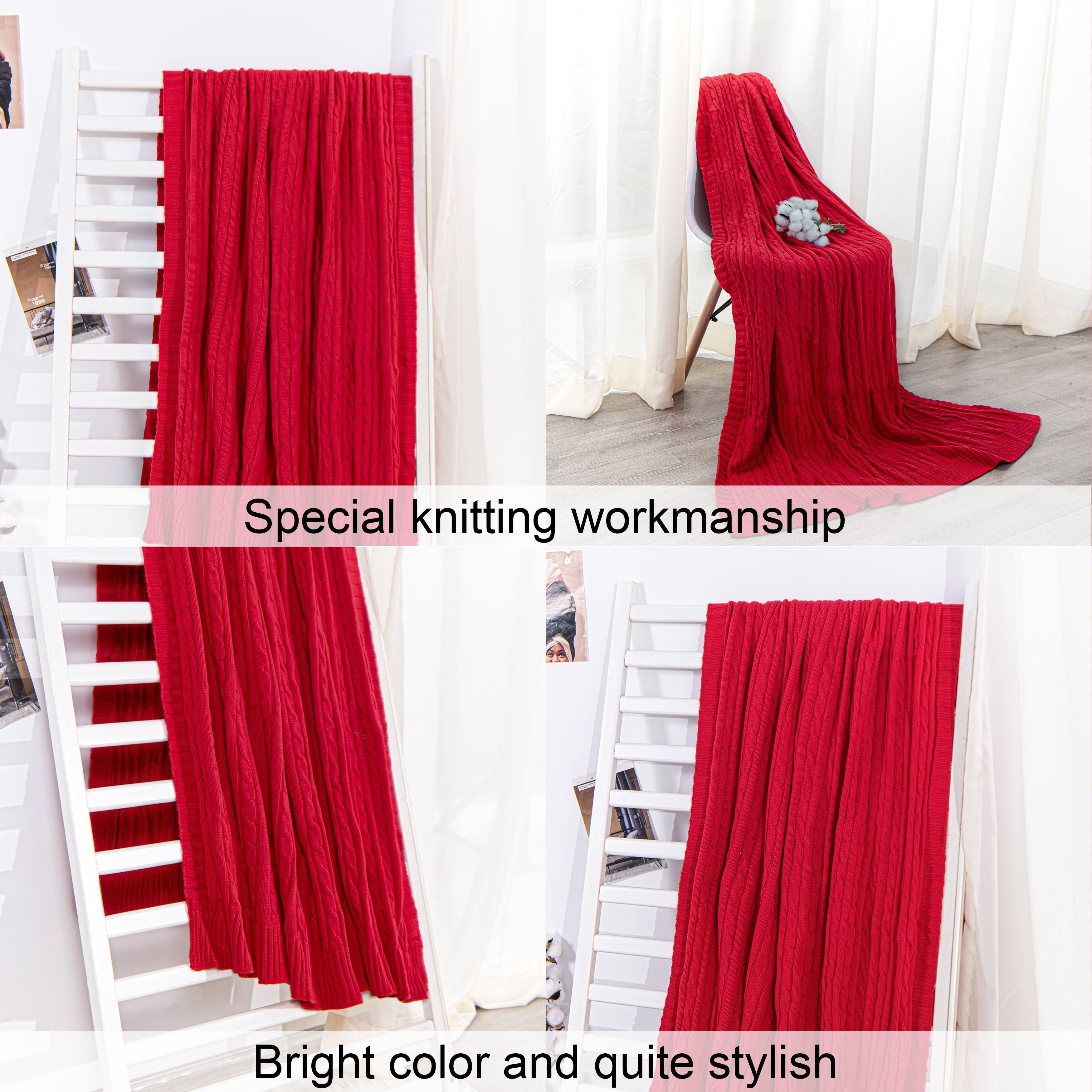 Decorative Knitted 100% Cotton Cable Knit Throw, Super Soft Warm Knitted Blanket Home Decor, 51"x67", Red - Cozy Fleece Throw Blanket for Couch & Bed Detail