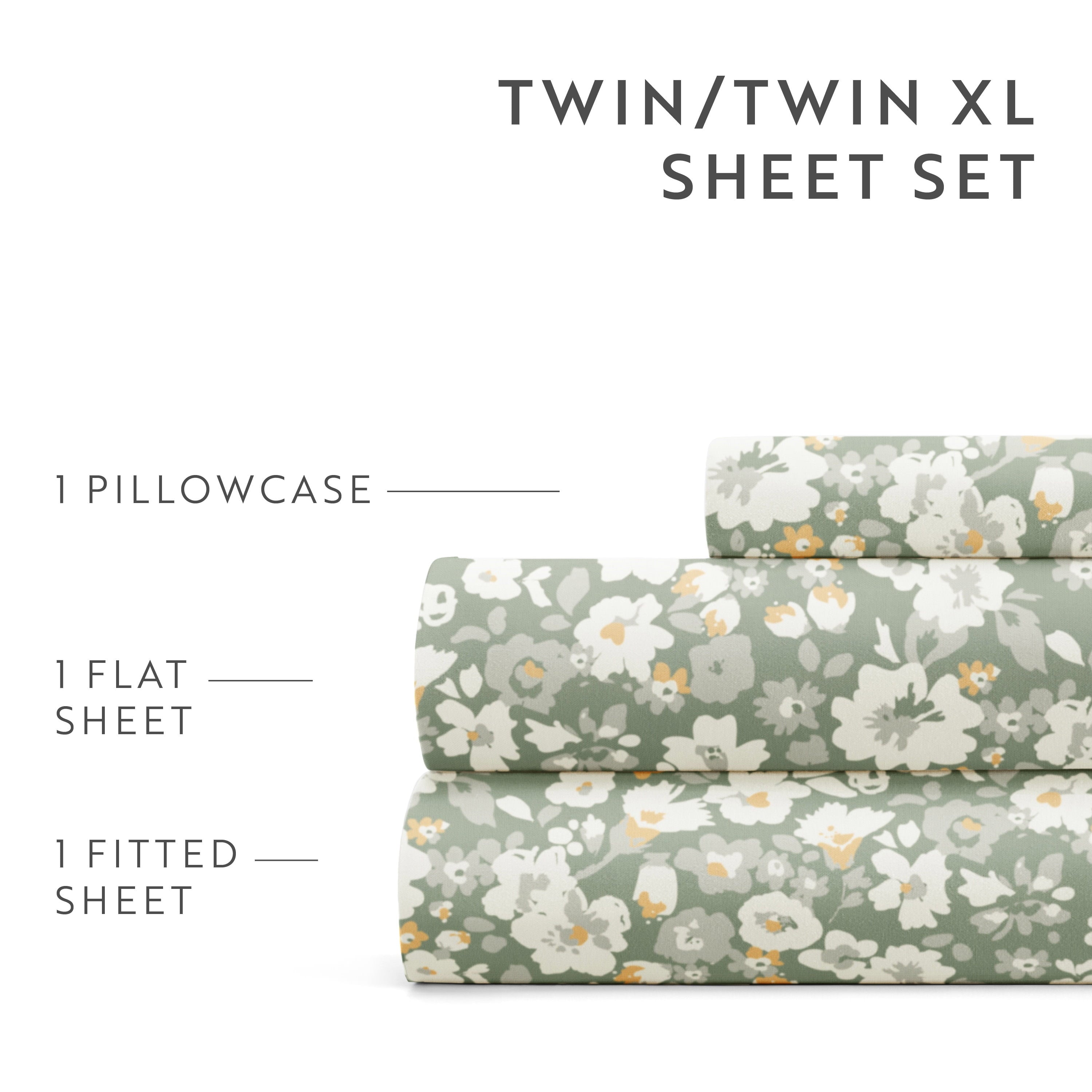 Ultra-Soft 4 Piece Pattern Microfiber Bed Sheets Set, Floral Dream Eucalyptus, Twin - Premium Ultra-Soft Pillowcase Pair for Sleeping Detail
