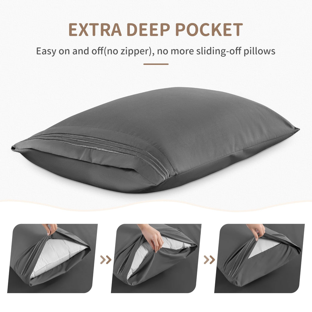 Premium Egyptian Cotton 6 Pieces Bed Sheet Set, 1800 Series Soft Microfiber Queen Sheets with 16" Deep Pocket, Dark Gray - Cooling Hotel Quality Bedding Sheets and Pillowcases Detail