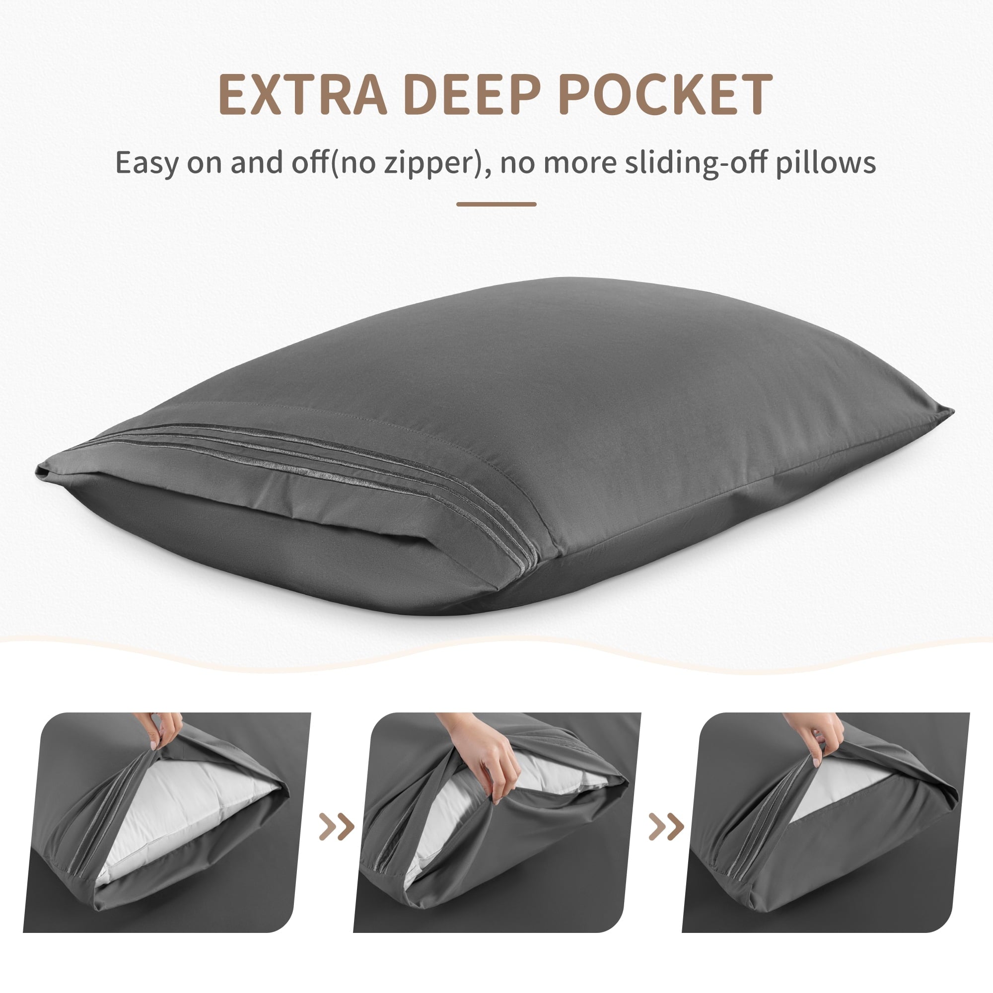 Premium Egyptian Cotton 6 Pieces Bed Sheet Set, 1800 Series Soft Microfiber Queen Sheets with 16" Deep Pocket, Dark Gray - Cooling Hotel Quality Bedding Sheets and Pillowcases Detail