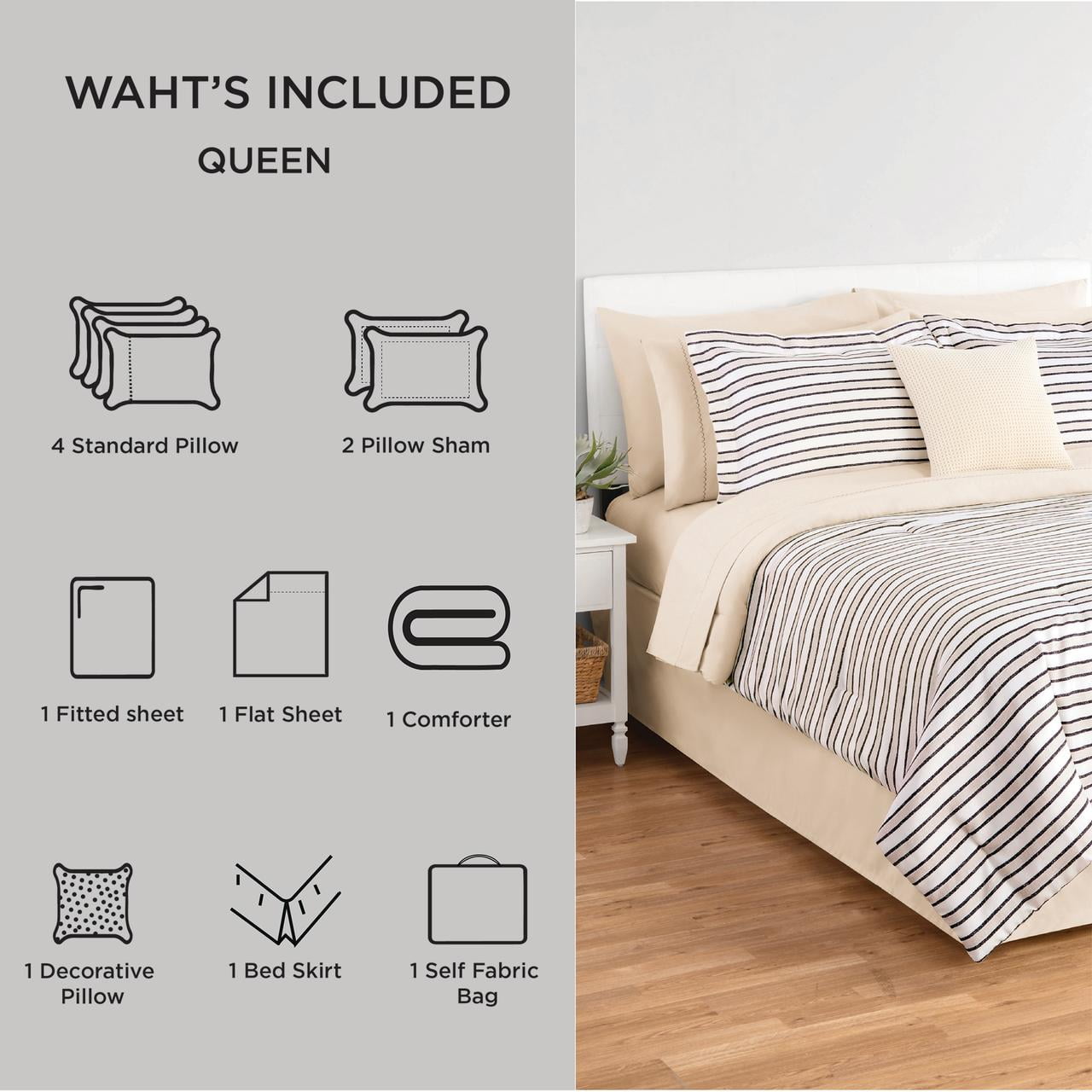 All-Season Soft Touch Bed in a Bag 11-Piece Reversible Tan & Black Striped Comforter Set with Sheets, Queen - Luxurious Quilted Duvet Cover Set Detail