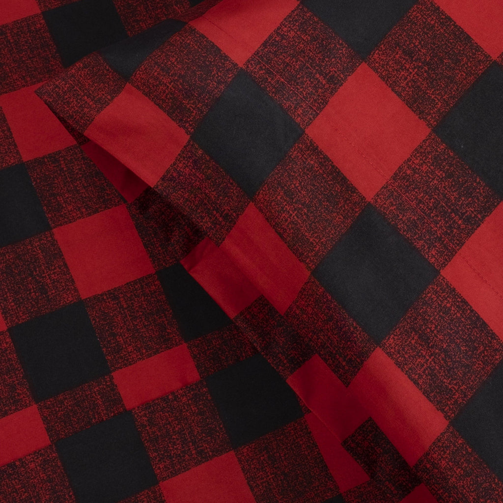 Premium Egyptian Cotton Buffalo Plaid Black and Red 4 Piece Bed Sheet Set - Twin - Breathable Egyptian Cotton Flat & Fitted Sheets Detail