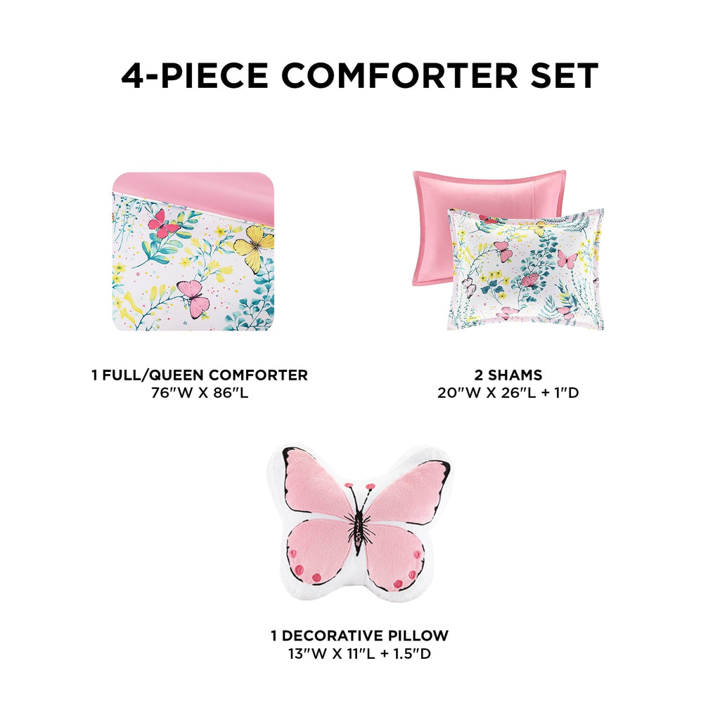 All-Season Full/Queen Size Comforter Sets, 4-Piece Kids Bedding Set for Girls, Butterfly Floral Comforter Bed Set, White/Pink - Cloud-Like Soft Lightweight Bed Comforter Detail