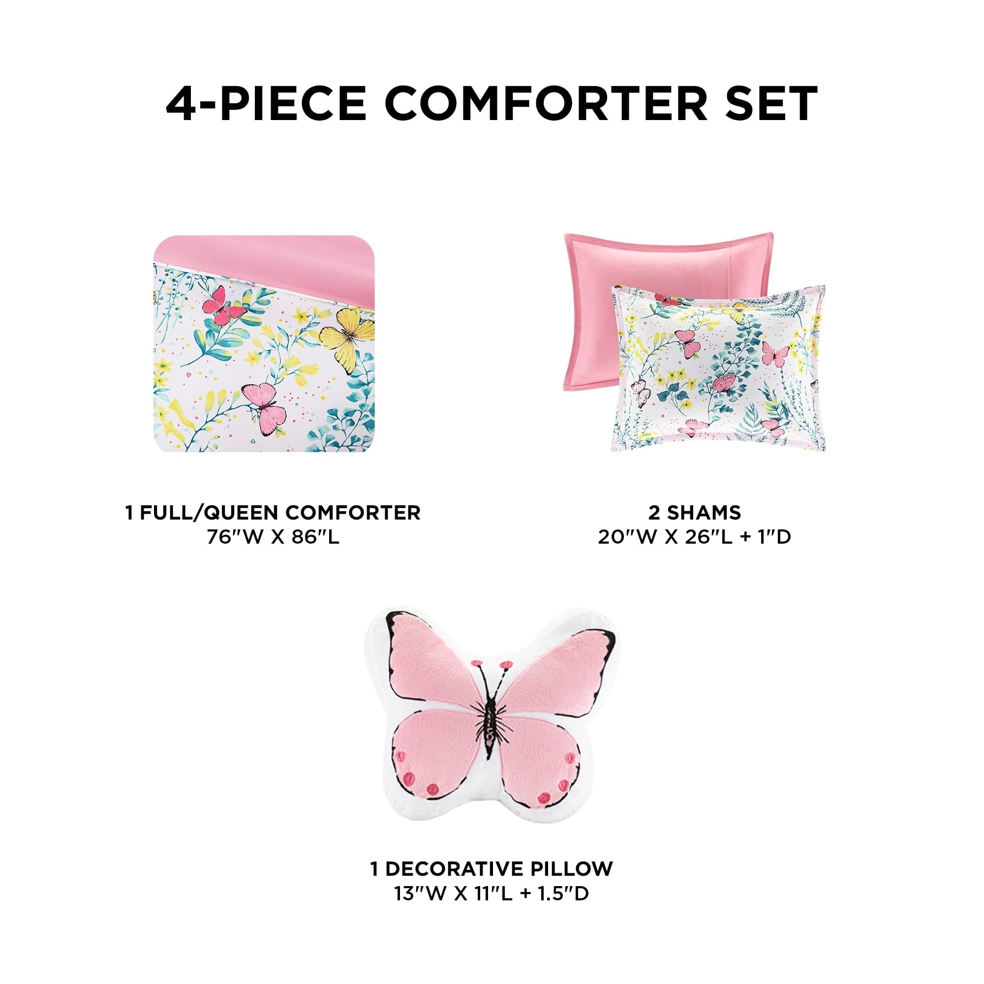 All-Season Full/Queen Size Comforter Sets, 4-Piece Kids Bedding Set for Girls, Butterfly Floral Comforter Bed Set, White/Pink - Cloud-Like Soft Lightweight Bed Comforter Detail