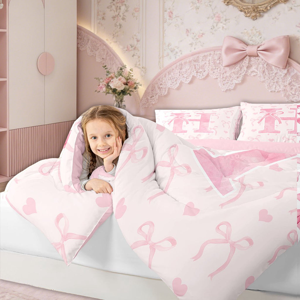 Heavyweight Warmth Kawaii Bowknot Bedding Sets Full with Comforter, Initial H Duvet Insert, Romantic Initial A-Z Decor, Reversible - All-Season Down Alternative Comforter Insert Detail