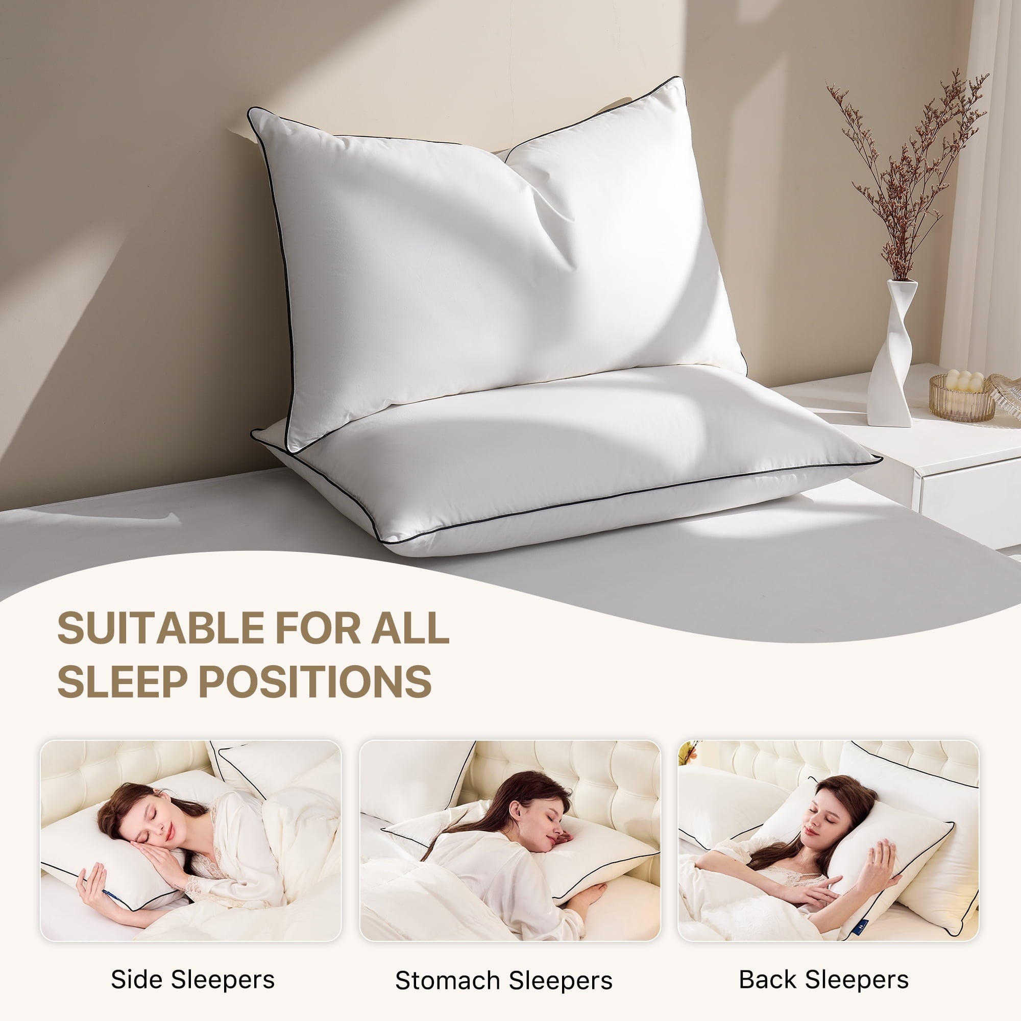 Decorative Plump Feather Down Pillows Set of 2, Medium Firm Hotel Bed Pillow 2 Pack, Queen Size, 20 x 30 in. - Decorative Throw Pillow Cushion for Sofa & Bed Detail