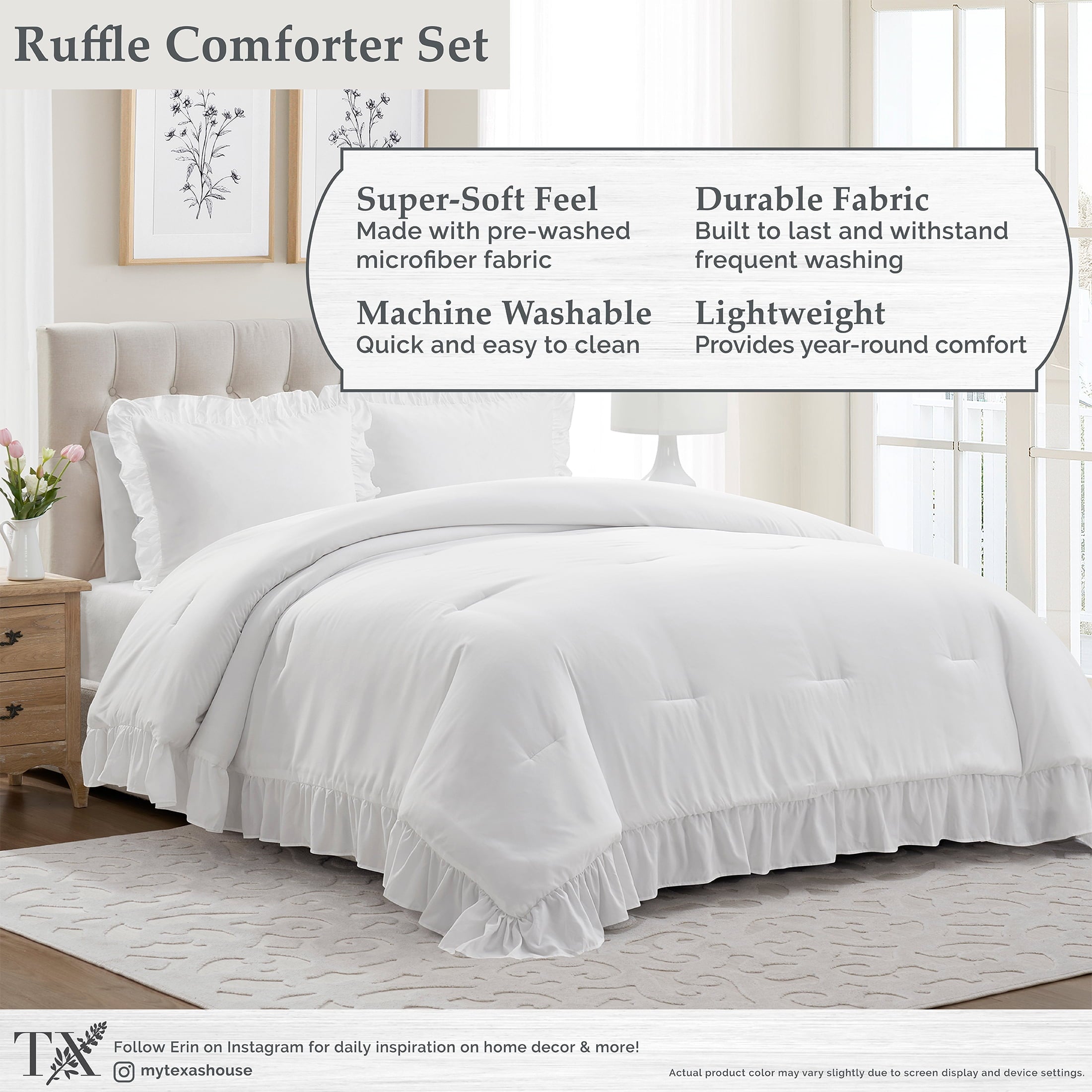 Luxurious Quilted Full/Queen Comforter Set, All-Season, 3-Piece, White Ruffle - Hypoallergenic Ultra-Fluffy Quilt for Winter Detail