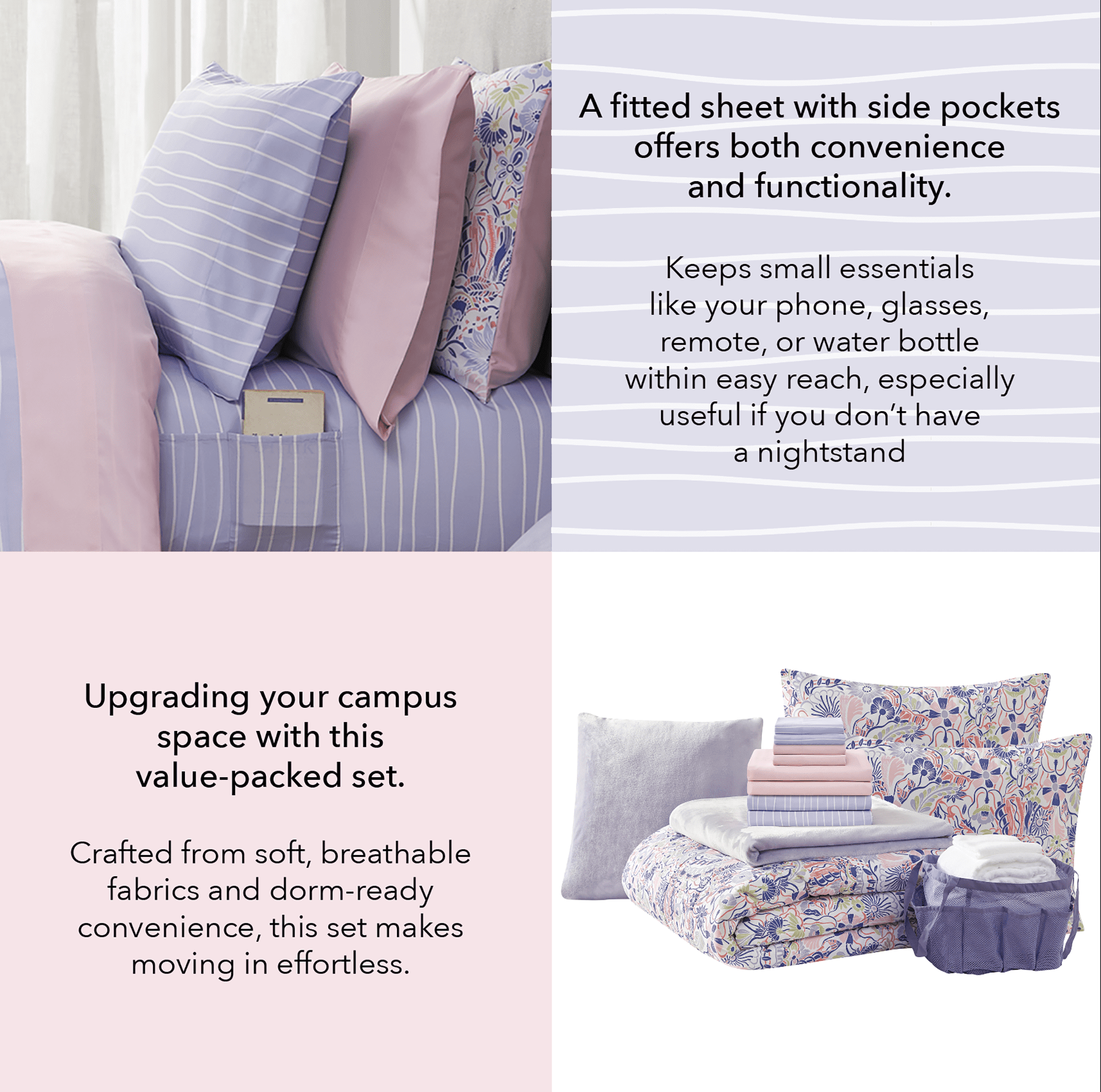 Heavyweight Warmth 14pc College Dorm Essentials Bundle, Twin-XL, Reversible Bed in a Bag Comforter Set, Purple Floral - Luxurious Quilted Duvet Cover Set Detail