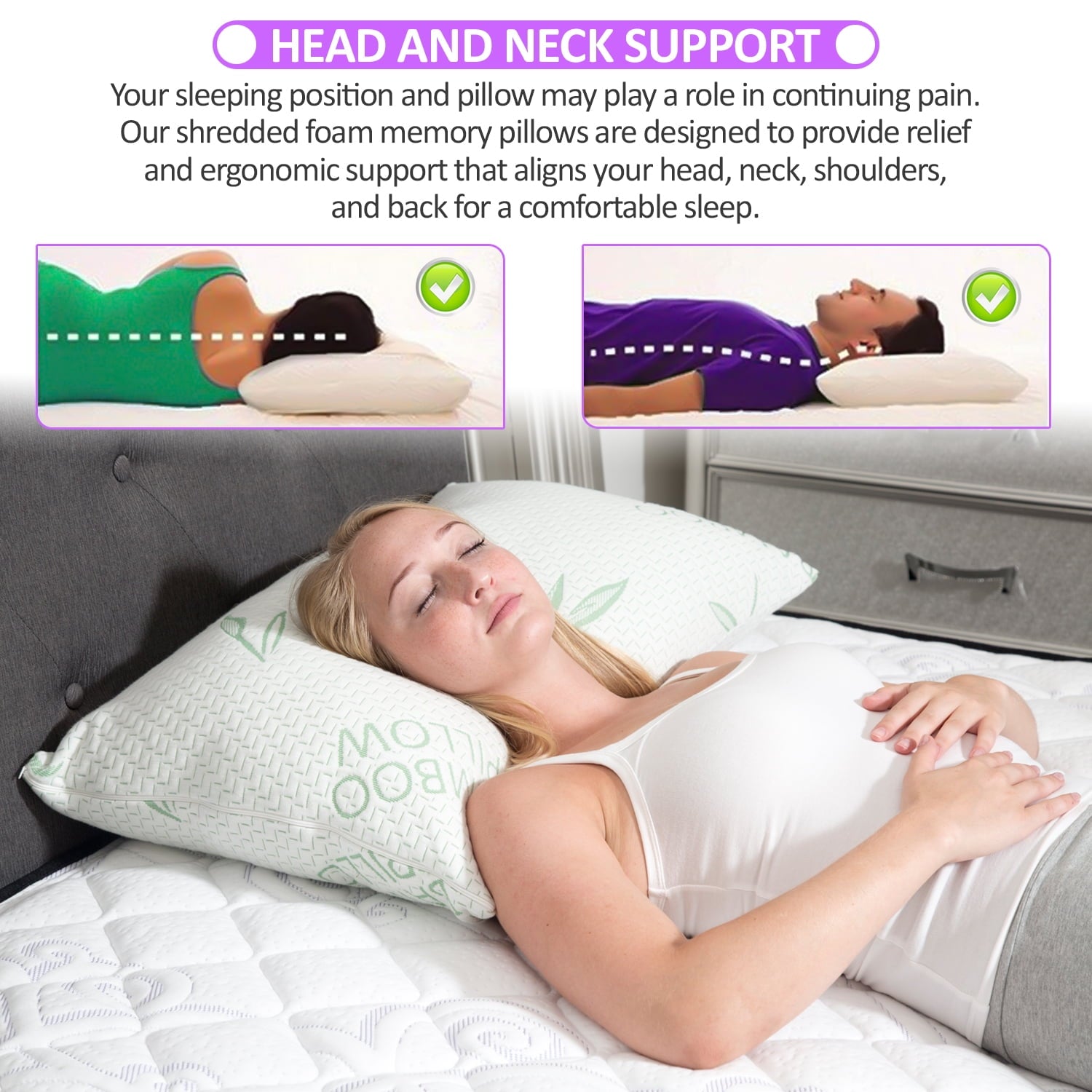 Orthopedic Support King Size Bamboo Pillow, Memory Foam Bed Pillows with Washable Pillowcases, King - Ergonomic Memory Foam Pillow for Neck Pain Support Detail