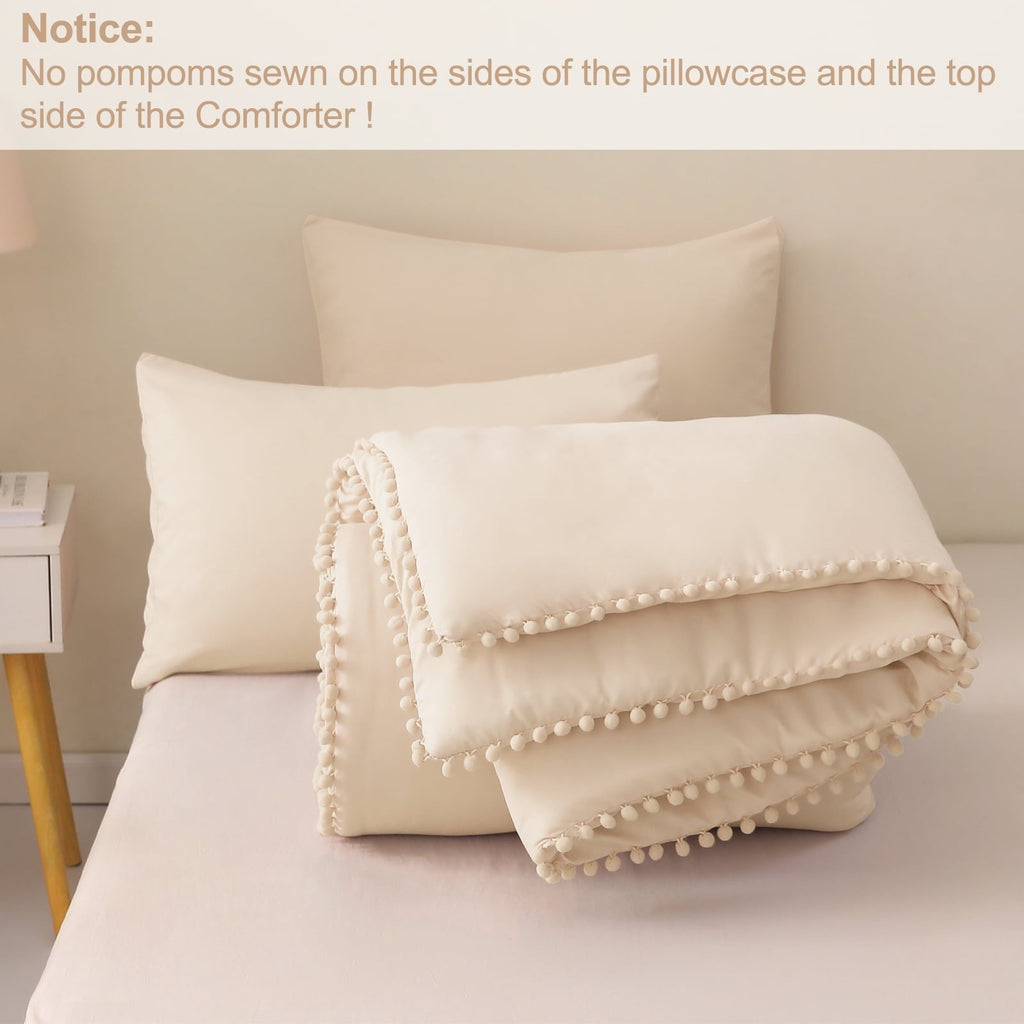 All-Season Boho Pom Pom Ball Fringe King Size Comforter Set, 3 Pieces Beige Lightweight Down Alternative Bedding Comforter Sets ... - Cloud-Like Soft Lightweight Bed Comforter Detail