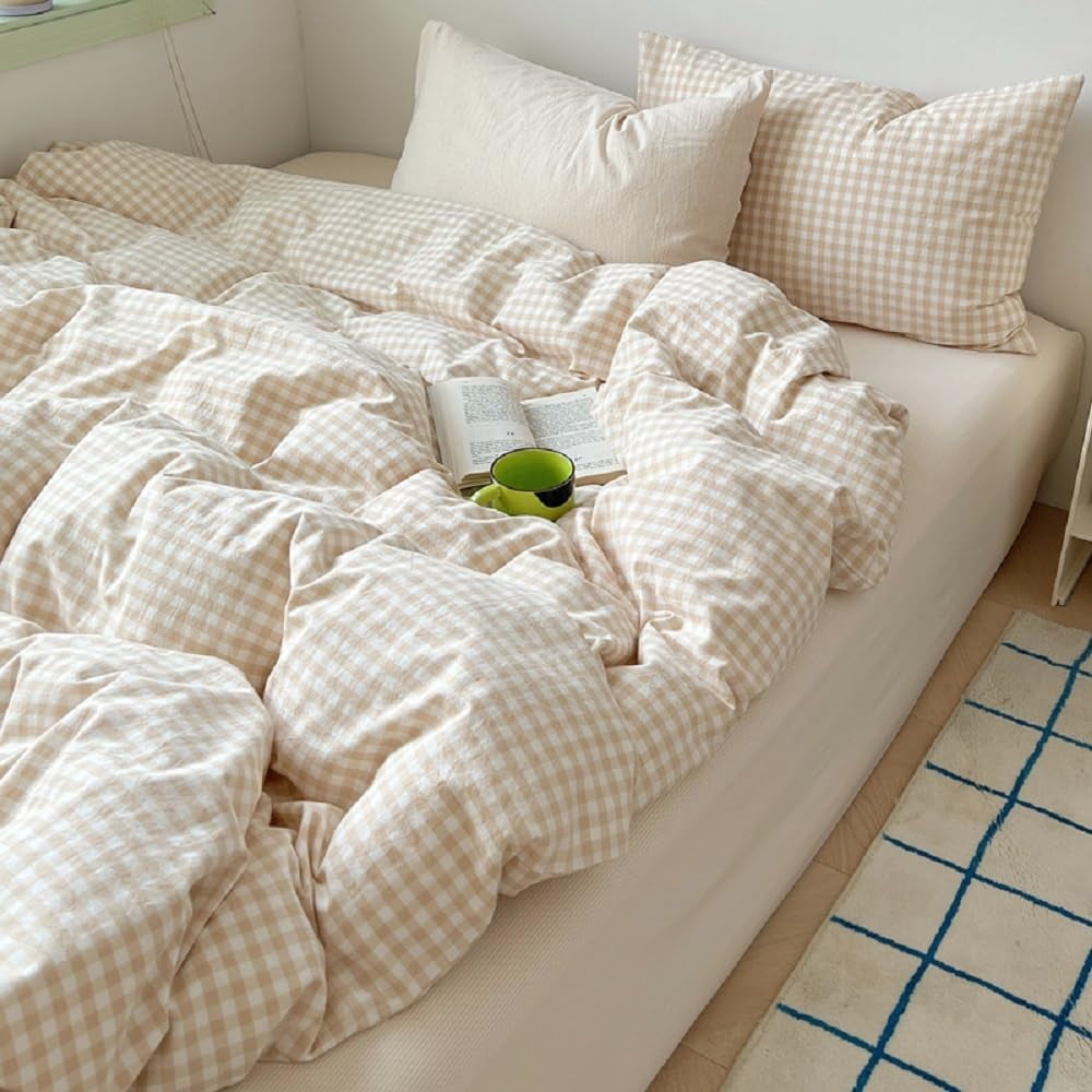 Heavyweight Warmth Soft Beige White Plaid Comforter Twin Sets, 2 Pieces Breathable Plaid Buffalo Checkered Comforter for All Season - All-Season Down Alternative Comforter Insert Detail