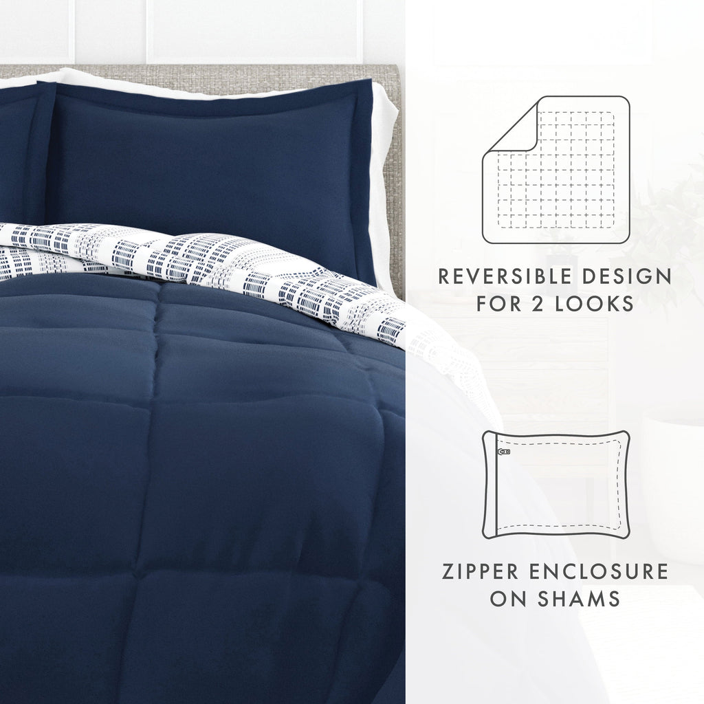 Hypoallergenic Cloud 2-Piece Navy Farmhouse Dreams ReversiblePrint Comforter Set, Twin/TwinXL - Luxurious Quilted Duvet Cover Set Detail