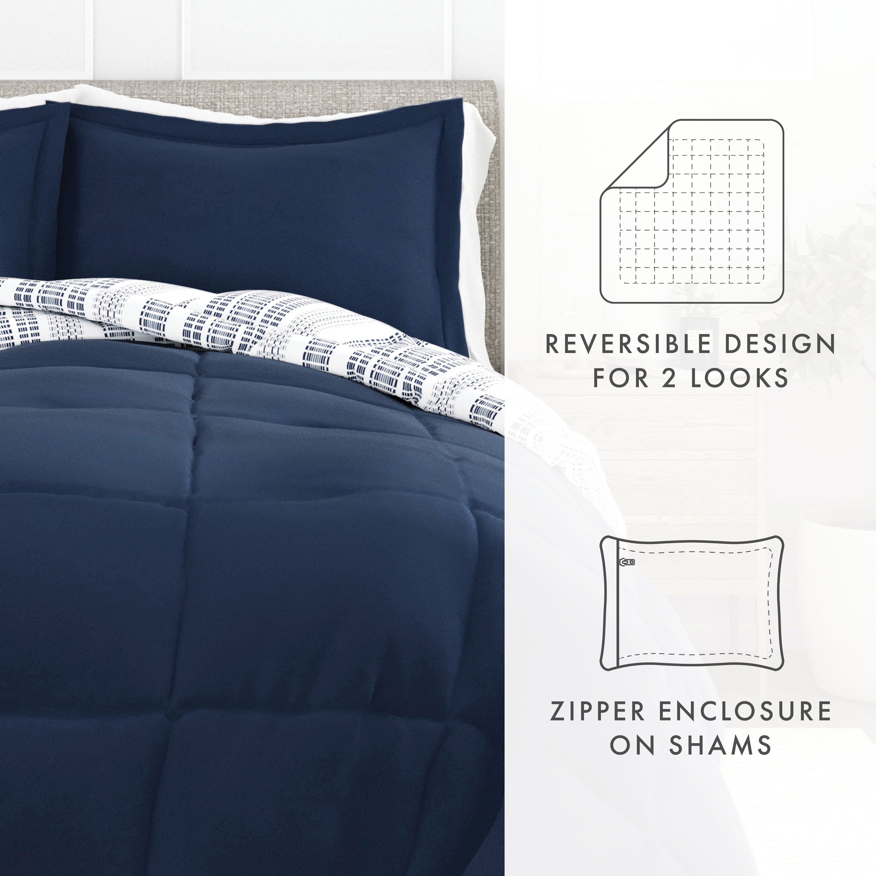 Hypoallergenic Cloud 2-Piece Navy Farmhouse Dreams ReversiblePrint Comforter Set, Twin/TwinXL - Luxurious Quilted Duvet Cover Set Detail