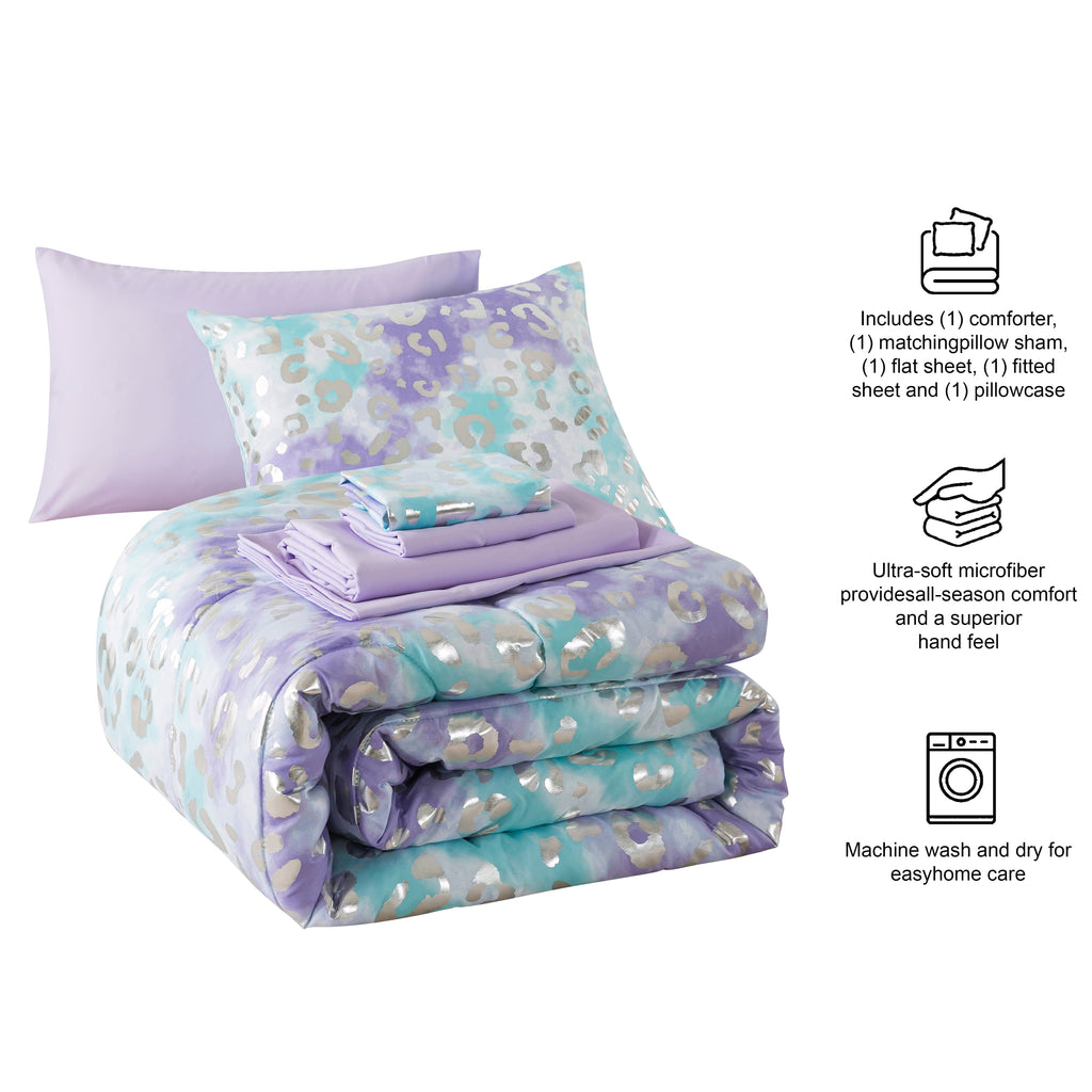 Luxurious Quilted 5-Piece Purple Metallic Foil Cheetah Bedding Set for Kids with Storage Bag, Twin - Luxurious Quilted Duvet Cover Set Detail