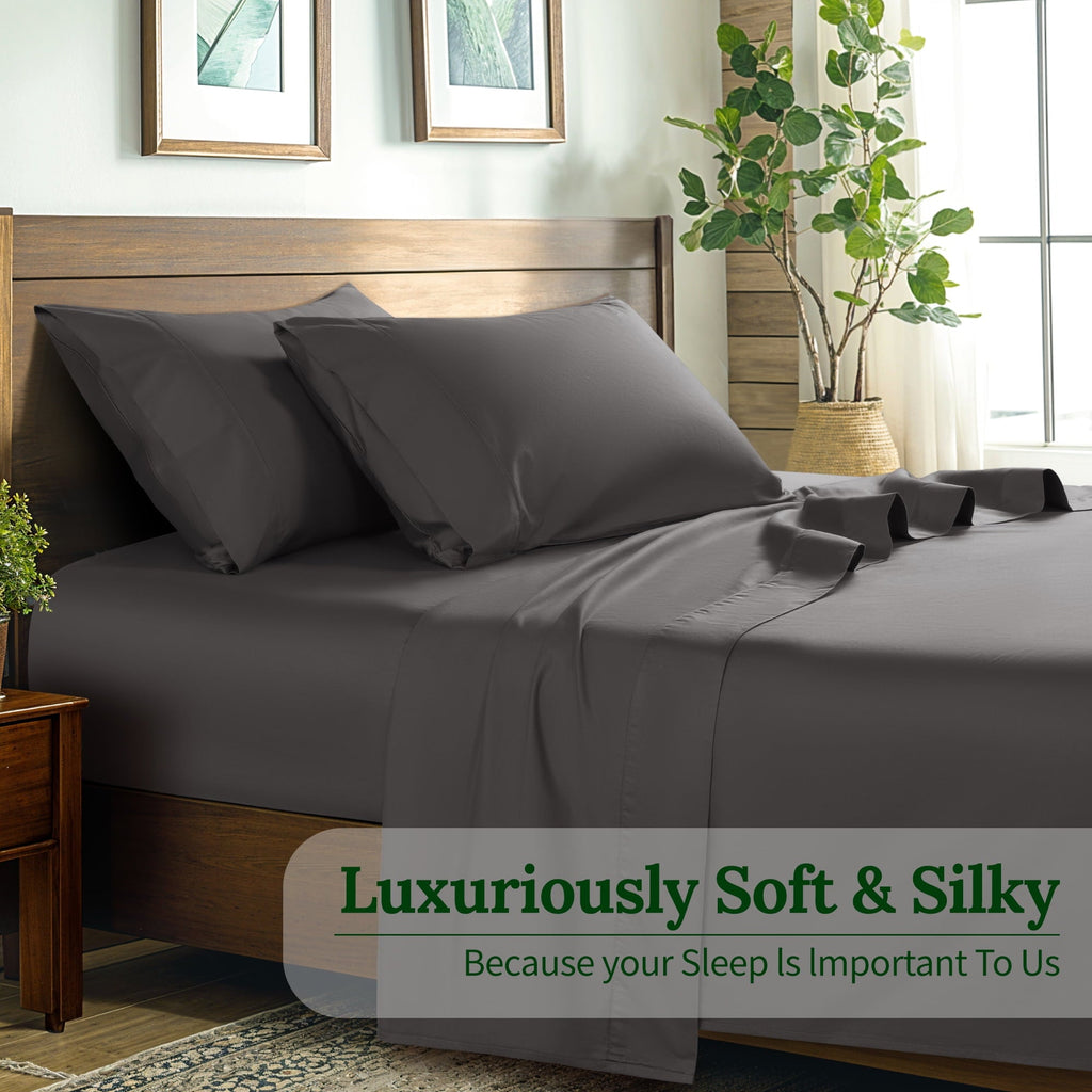 Cooling Sateen 100% Cotton Bed Sheets Set, 1000 Thread Count 4 Piece Luxury Soft Sheets Set with 16" Deep Pocket, Queen, Dark Gray - Luxury Bed Sheet Set with Deep Pockets Detail