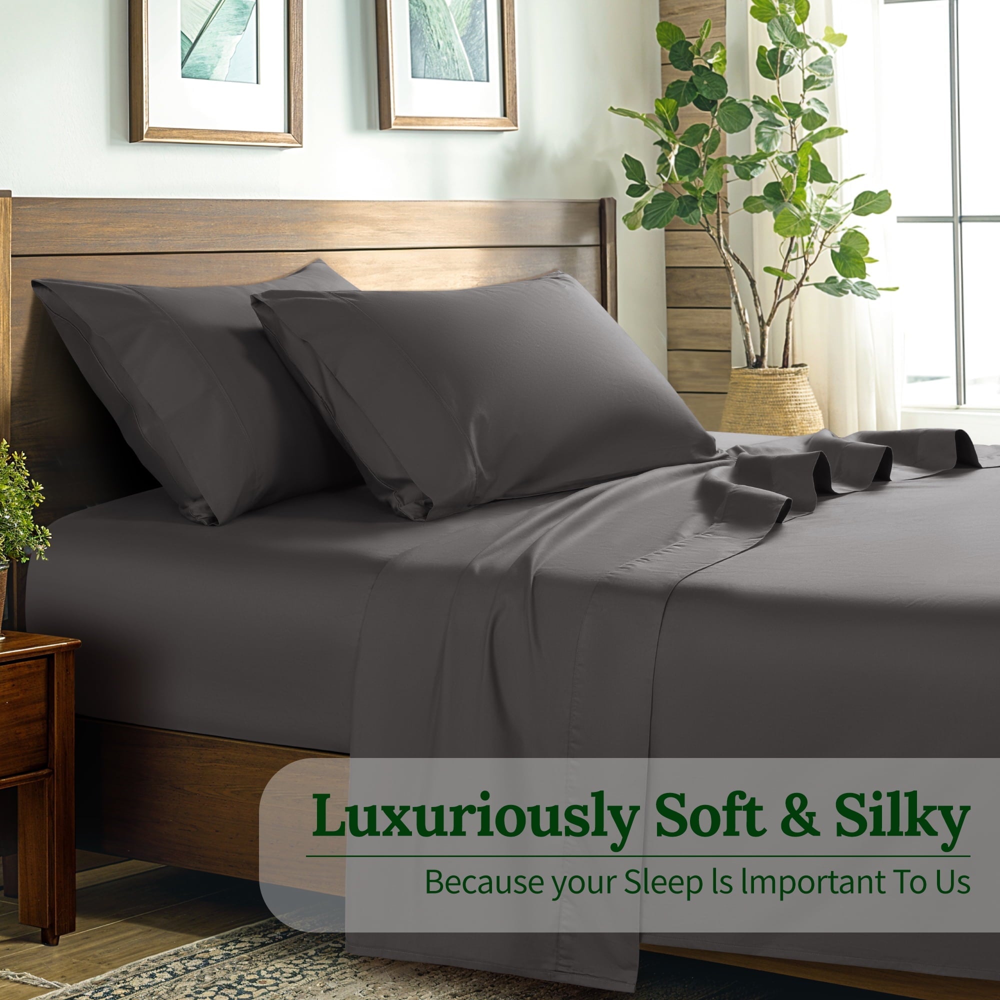 Cooling Sateen 100% Cotton Bed Sheets Set, 1000 Thread Count 4 Piece Luxury Soft Sheets Set with 16" Deep Pocket, Queen, Dark Gray - Luxury Bed Sheet Set with Deep Pockets Detail