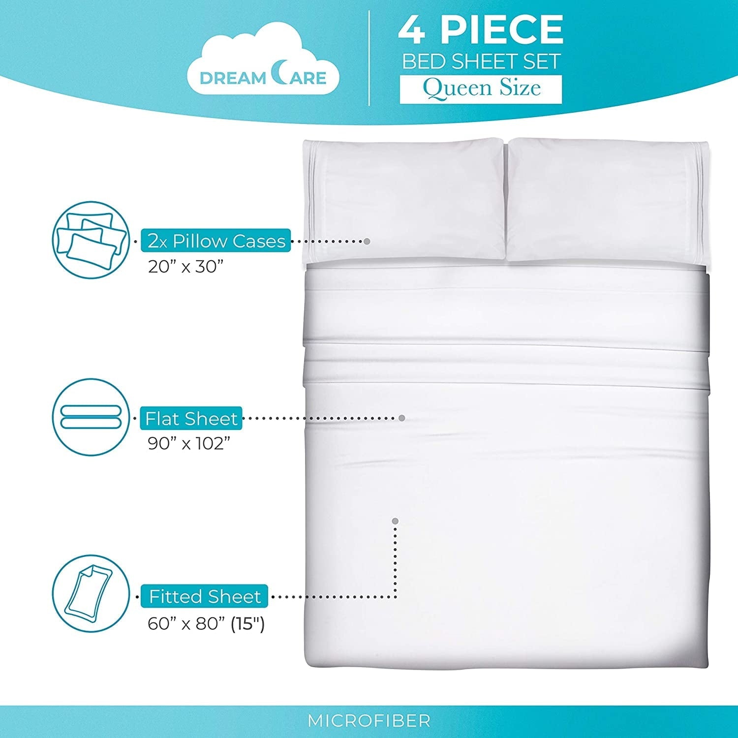 Wrinkle-Resistant Bed Sheets Set - Queen Size Sheet with Side Pocket - 4pcs Set, 15 inches, White - Premium Ultra-Soft Pillowcase Pair for Sleeping Detail