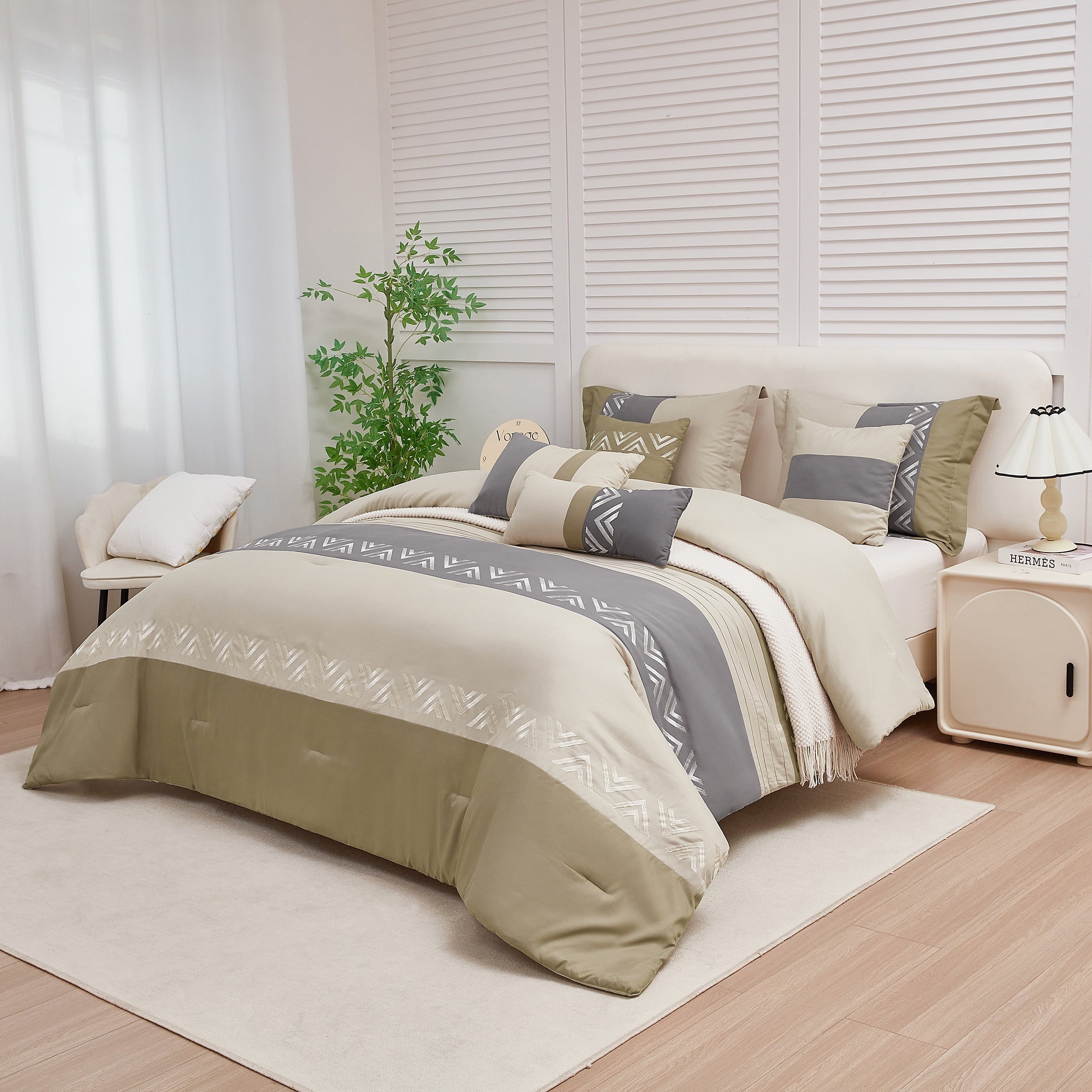 Hypoallergenic Cloud 7 Piece Embroidery Design Bed-in-a-Bag, Taupe Queen Size Ultra Soft Comforter Set for Adults - Hypoallergenic Ultra-Fluffy Quilt for Winter Detail