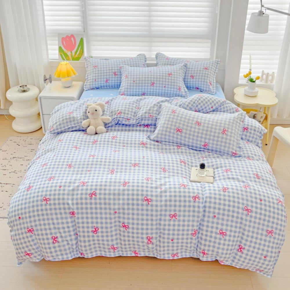 Fluffy Down Alternative 3-Piece Blue Plaid Pink Bows Comforter Full Set , Cute Soft Bedding Set for Kids Adults - Hypoallergenic Ultra-Fluffy Quilt for Winter Detail