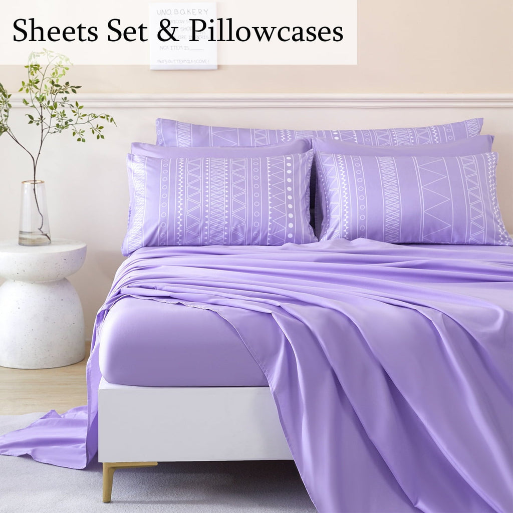 Hypoallergenic Cloud 8-Pieces Boho Bedding Set Full Lavender Striped Bed in a Bag for Girls Women Soft Fluffy Purple Comforter Set with Sh... - Luxurious Quilted Duvet Cover Set Detail