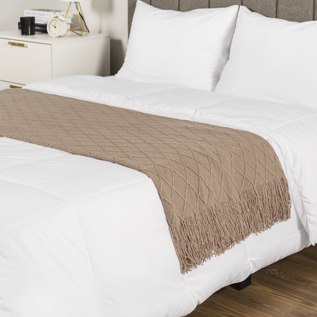 Reversible Sherpa Tan Taupe Knit Throw Blanket for Couch Bed, Soft Knitted Farmhouse Sofa Throw for Living Room, Lightweight Decorative... - Luxury Knitted Decorative Throw Blanket with Fringes Detail