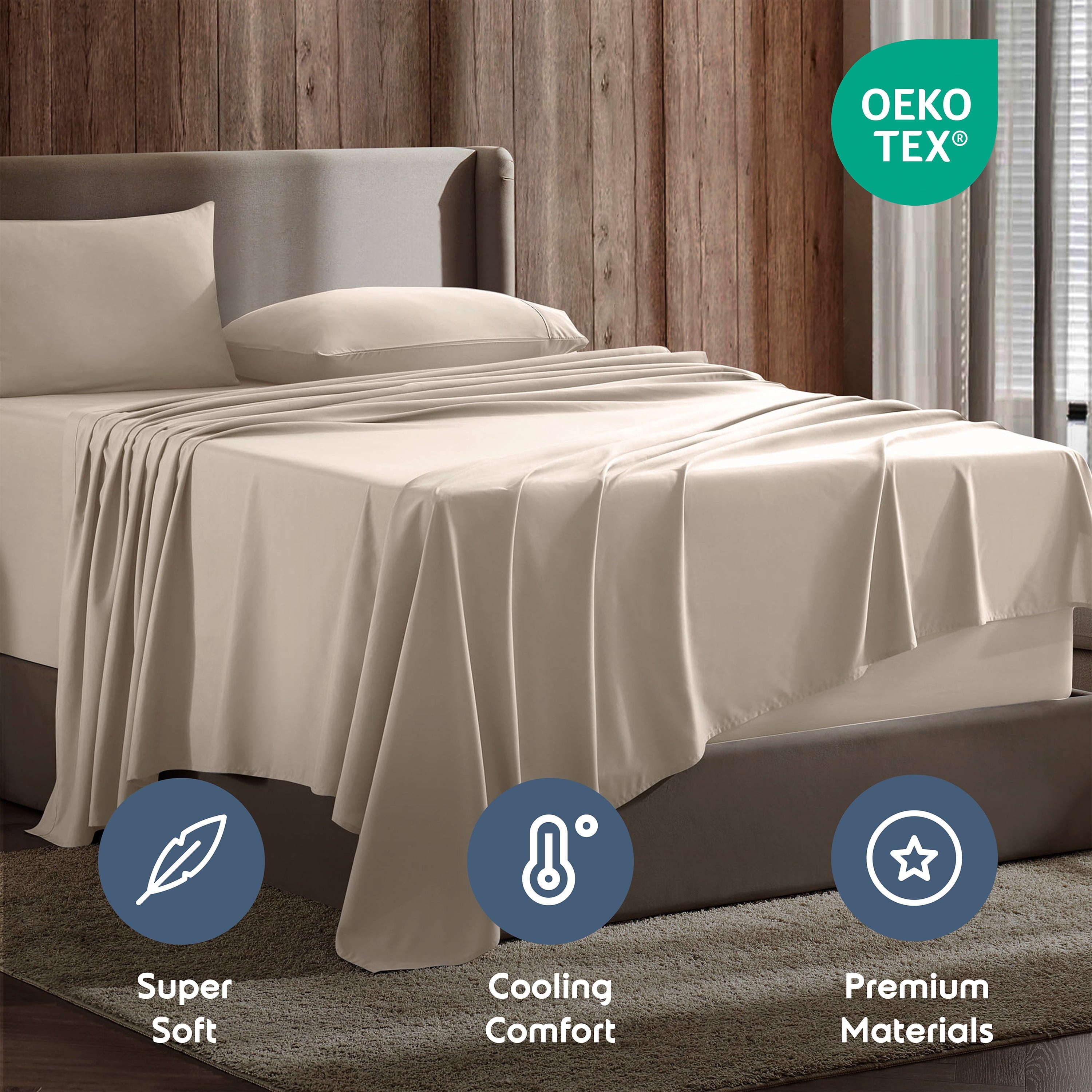 Wrinkle-Resistant King Sheet Sets, 1800 Series Deep Pocket 4 Piece, Luxury Soft Microfiber Bed Sheet Sets, BEIGE CREAM - Cooling Hotel Quality Bedding Sheets and Pillowcases Detail