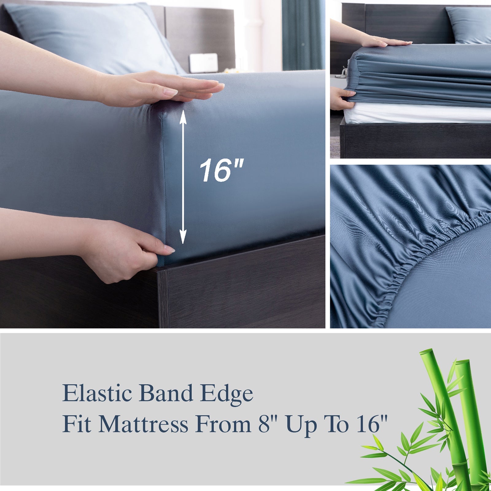 Cooling Sateen Luxury Bamboo Bed Sheets Set Full 4 Pcs for Adult,Soft&Cool,16" Deep Pocket,Blue Gray - Luxury Bed Sheet Set with Deep Pockets Detail