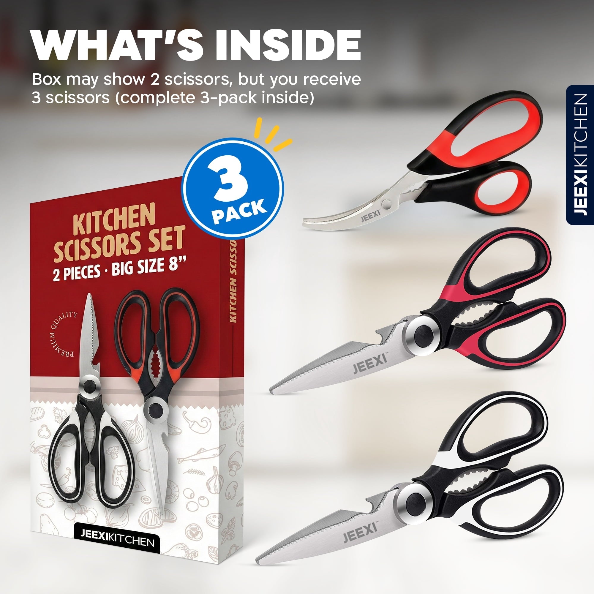 Multi-Functional 3 Pack Kitchen Scissors, Ultra-Sharp Premium Stainless Steel Heavy Duty Kitchen Shears & Multi Purpose Poultry Shears... - Kitchen Gadget Tool for Quick Food Prep Detail