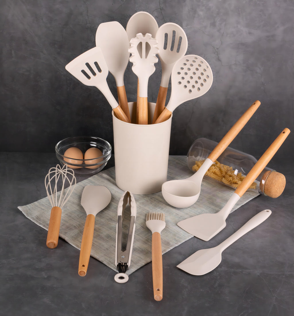 Ergonomic Cooking 14pcs Cooking Utensil Set with Caddy - Heat-Resistant Silicone Cooking Spatula Turner Detail