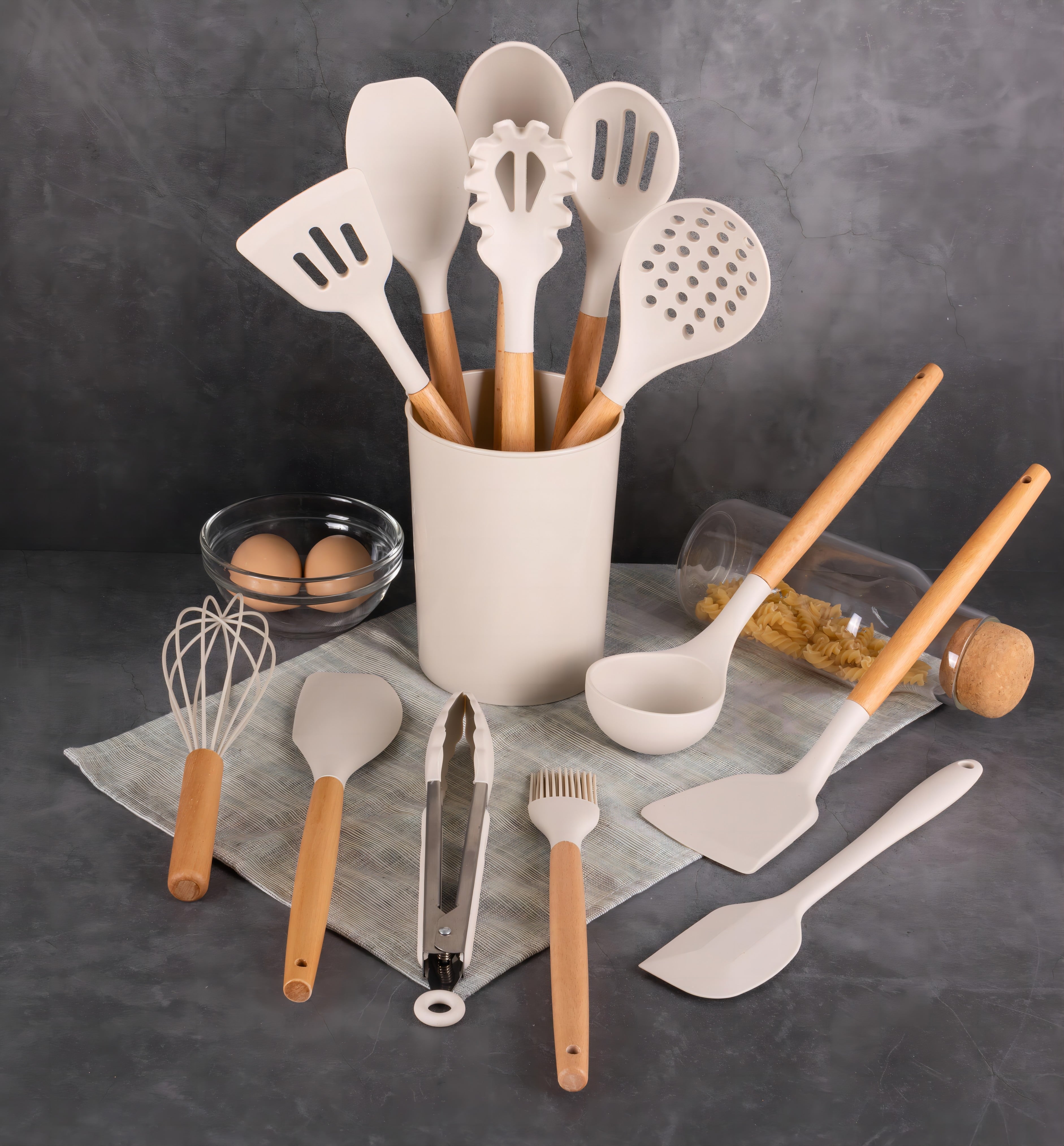 Ergonomic Cooking 14pcs Cooking Utensil Set with Caddy - Heat-Resistant Silicone Cooking Spatula Turner Detail