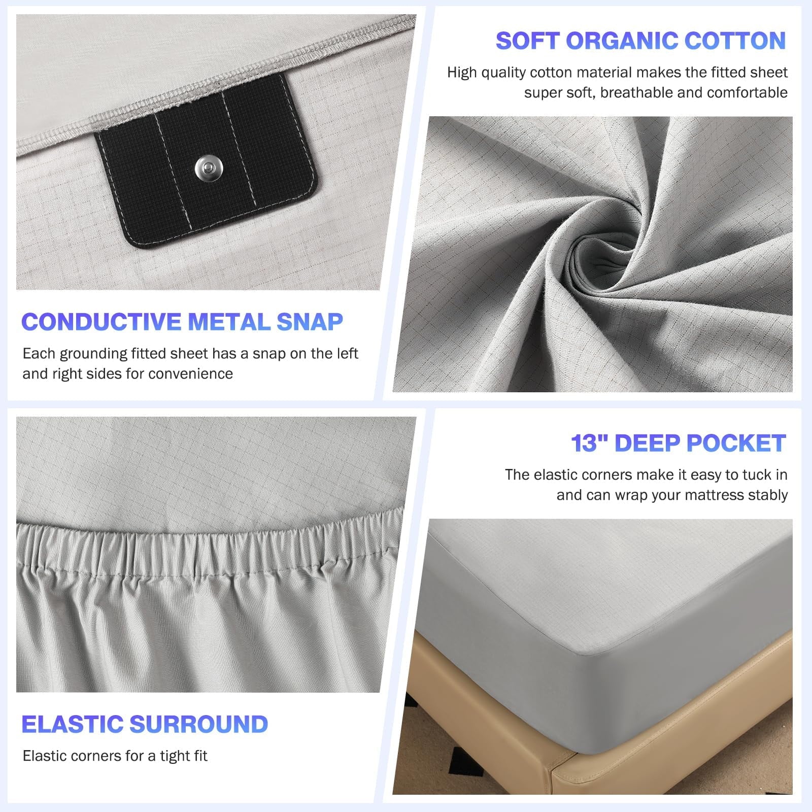 Wrinkle-Resistant Grounding Sheets King Size,Earth Grounded Fitted Bed Sheet 10% Pure Silver Fiber + 90% Organic Cotton, Bed Grounding ... - Breathable Egyptian Cotton Flat & Fitted Sheets Detail