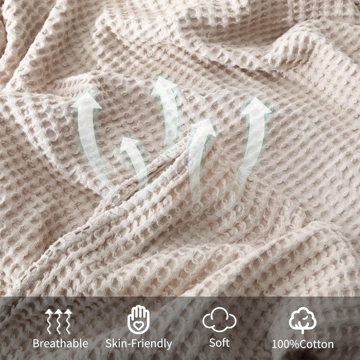 Decorative Knitted 100% Cotton Waffle Bed Blanket King Size, Throw Blanket for Couch All Seasons (Beige, 104x90) - Cozy Fleece Throw Blanket for Couch & Bed Detail