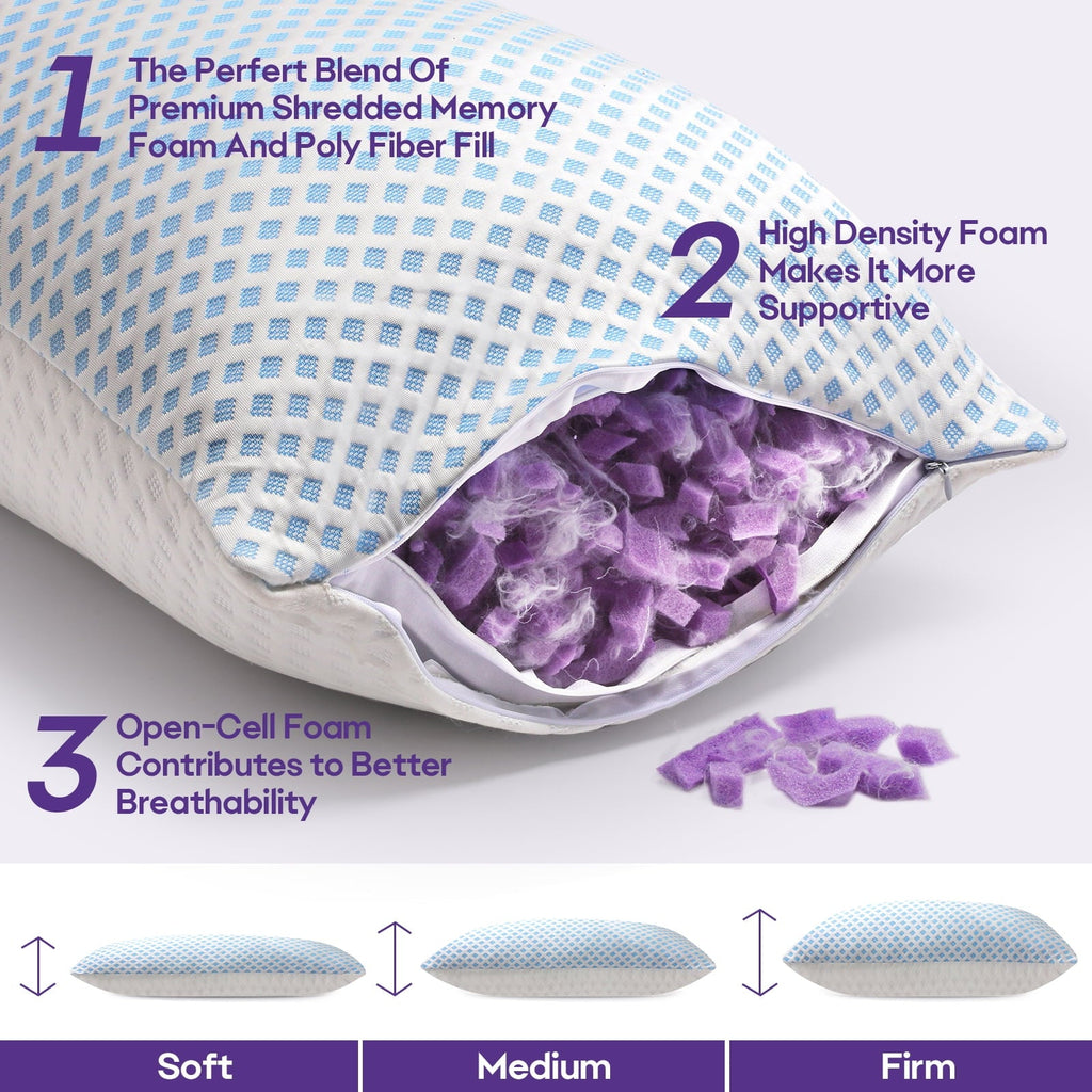 Ergonomic Memory Foam Cooling Pillows for Bed Sleeping Shredded Memory Foam Pillows Queen Size Set of 2 Pack 20 x 30 inches - Hotel Quality Plush Sleeping Pillows Detail
