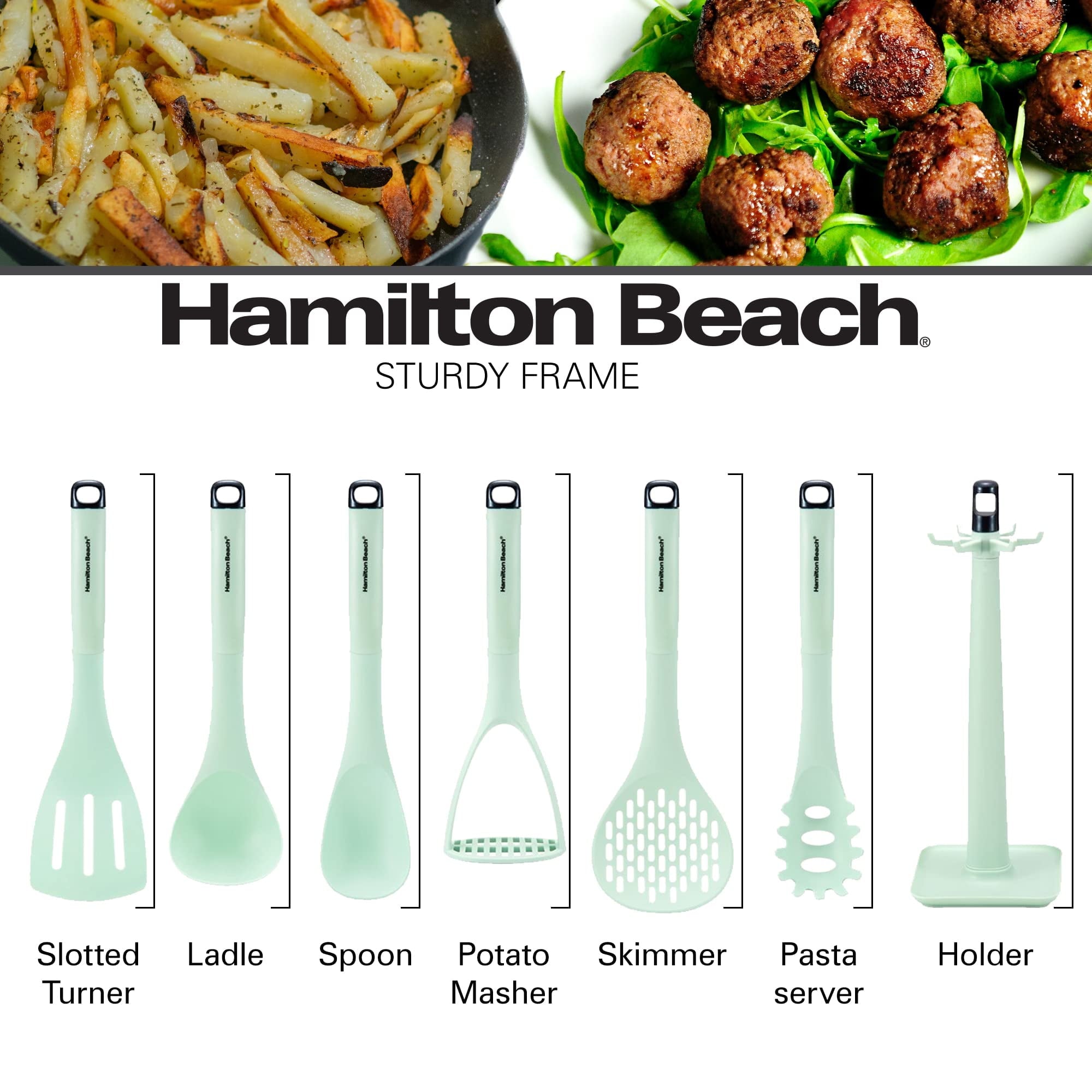 Non-Stick Safe Kitchen Utensil Set 7 Piece | Cooking Utensil set Slotted turner, Ladle Skimmer, Pasta Server, Potato Masher, S... - Durable Turner & Ladle Utensil Set for Home Chefs Detail