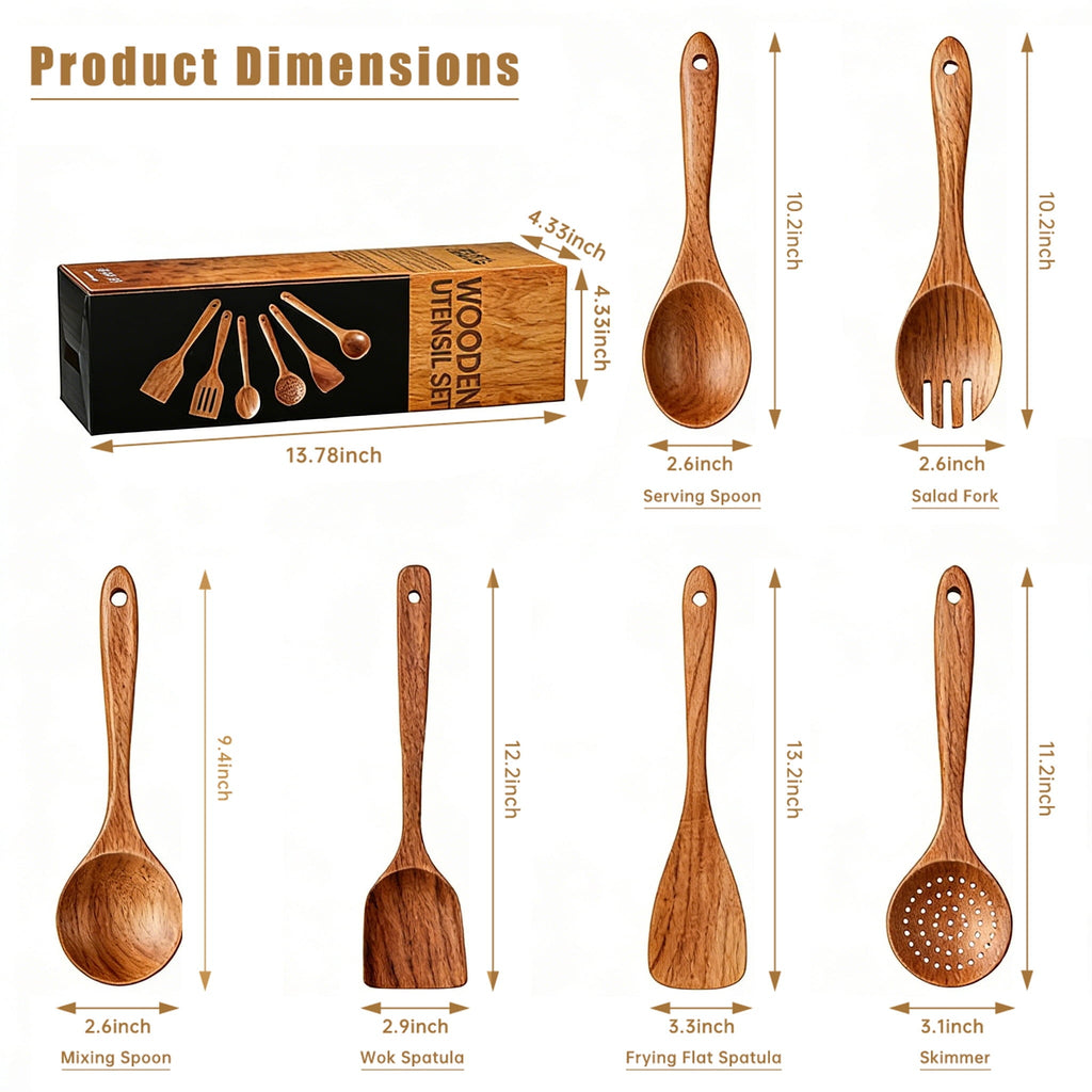 Non-Stick Safe Wooden Spoons for Cooking, 6 PCS Teak Wood Cooking Utensil Set, Wooden Kitchen Utensils for Nonstick Pans & Cookware,... - Ergonomic Kitchen Tongs and Cooking Spoon Utensil Detail