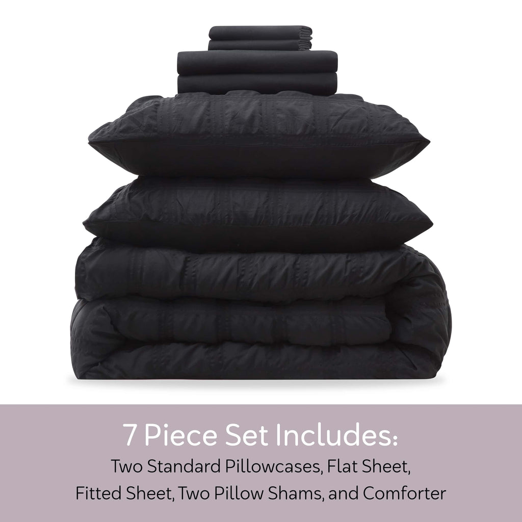 All-Season Queen Comforter Set, Seersucker Queen Size Comforter Set, 7-Pc All Season Bedding Comforter Set, Black - Hypoallergenic Ultra-Fluffy Quilt for Winter Detail