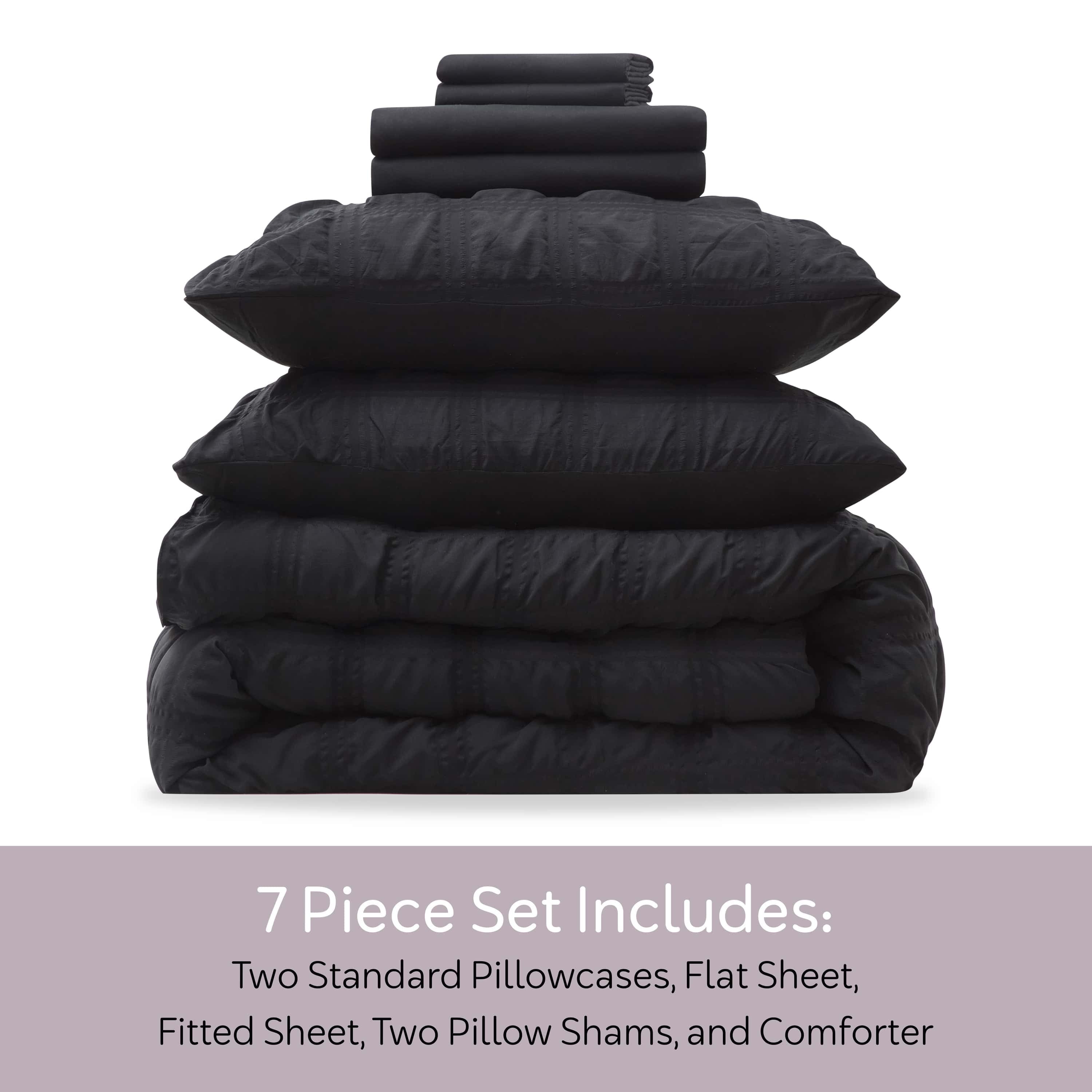 All-Season Queen Comforter Set, Seersucker Queen Size Comforter Set, 7-Pc All Season Bedding Comforter Set, Black - Hypoallergenic Ultra-Fluffy Quilt for Winter Detail