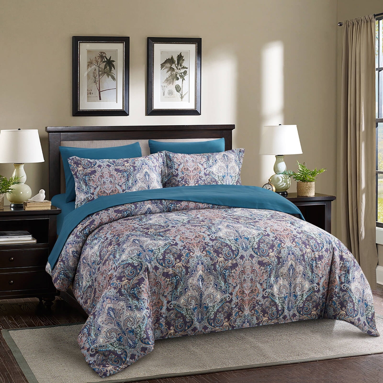 Luxurious Quilted Boho Paisley Print Luxury Comforter Bed in a Bag Set Queen Size, Vintage Floral Medallions Microfiber Bedding Set - Hypoallergenic Ultra-Fluffy Quilt for Winter Detail