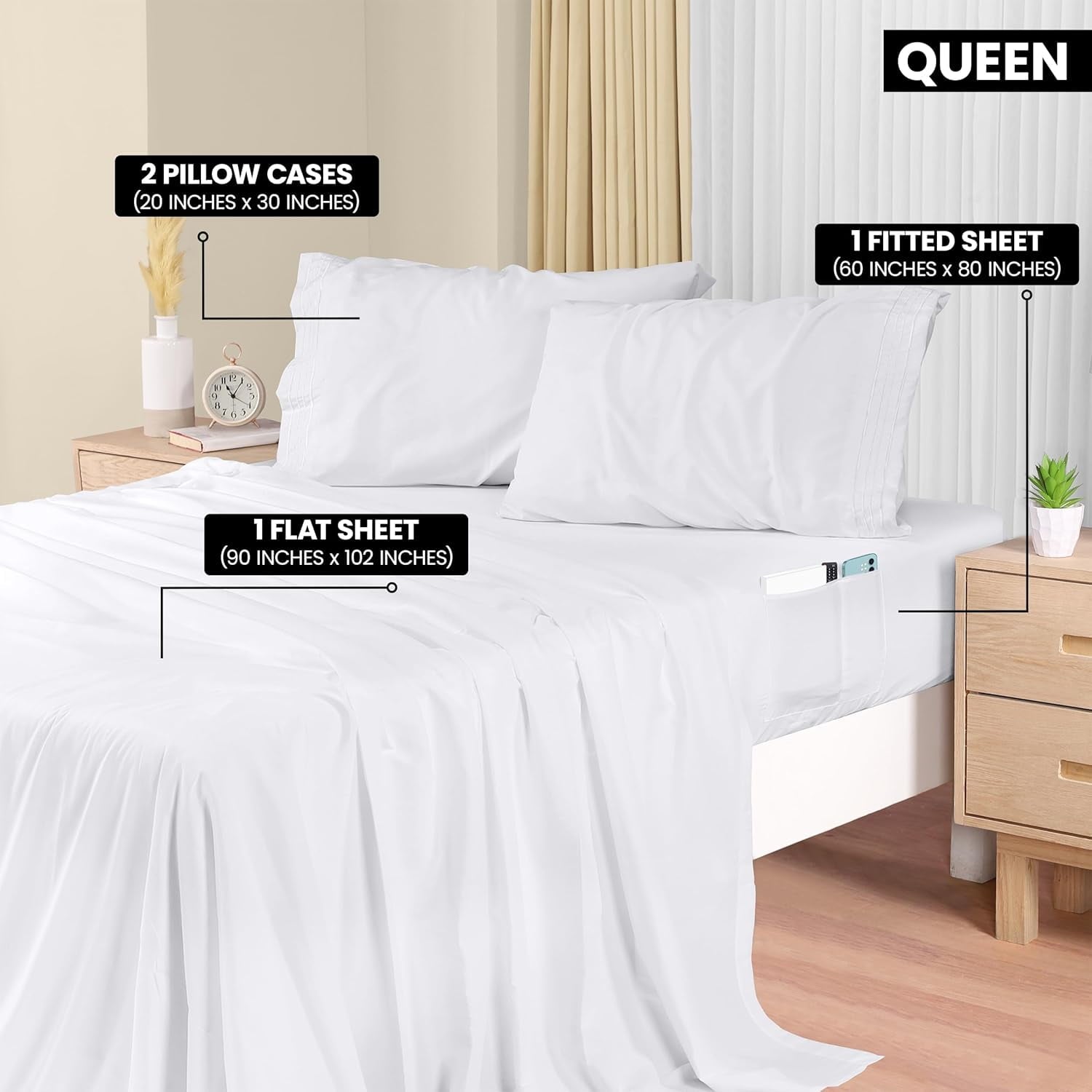 Premium Egyptian Cotton Set, Soft Microfiber 4 Piece Hotel Luxury Bed s with Deep Pockets, Embroidered Pillow Cases, Side Storage Pocket Fitt... - Luxury Bed Sheet Set with Deep Pockets Detail