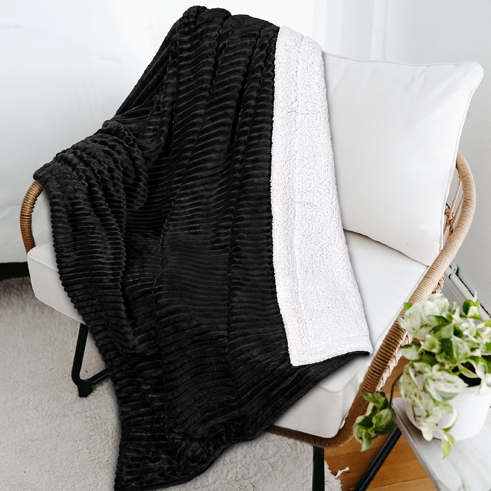 Cozy Fleece Reversible Sherpa Fleece Throw Blanket Black, Plush Flannel Throw, Ultra Soft Warm Ribbed Microfiber Blanket for Sofa... - Lightweight Plush Warm Blanket for All Seasons Detail