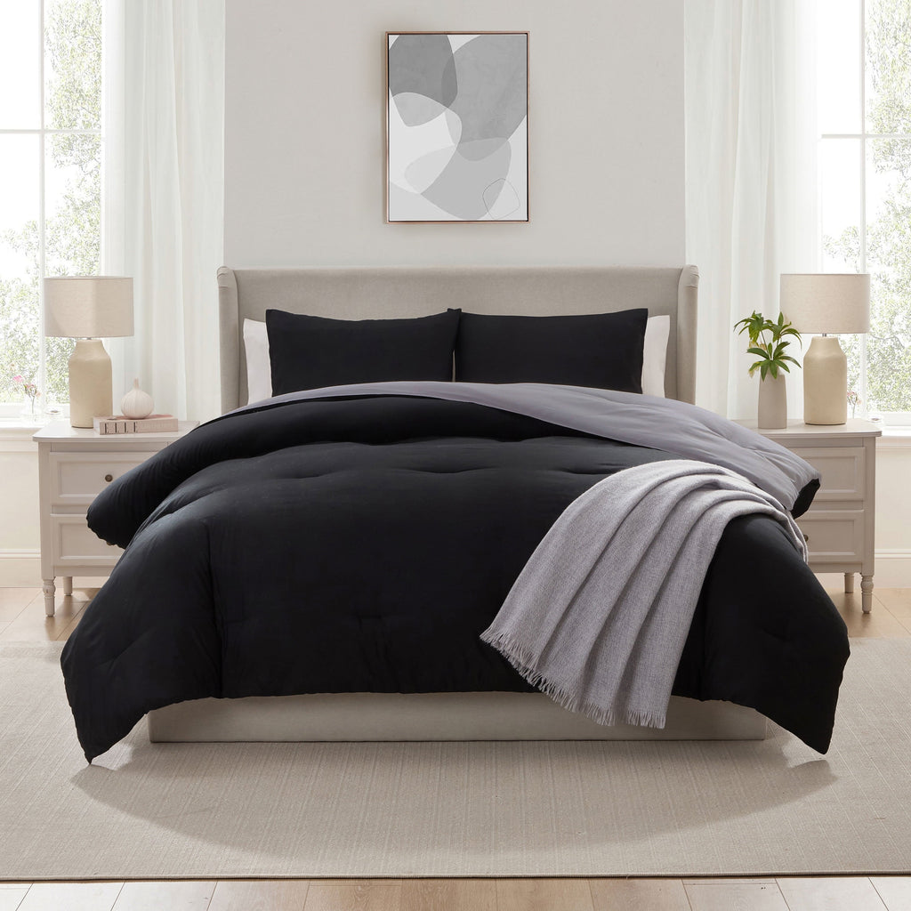 Heavyweight Warmth Comforter Sets, All Season Lightweight Reversible Queen Comforter Set, 3-Pc Bedding Sets, Black/Charcoal gray - All-Season Down Alternative Comforter Insert Detail