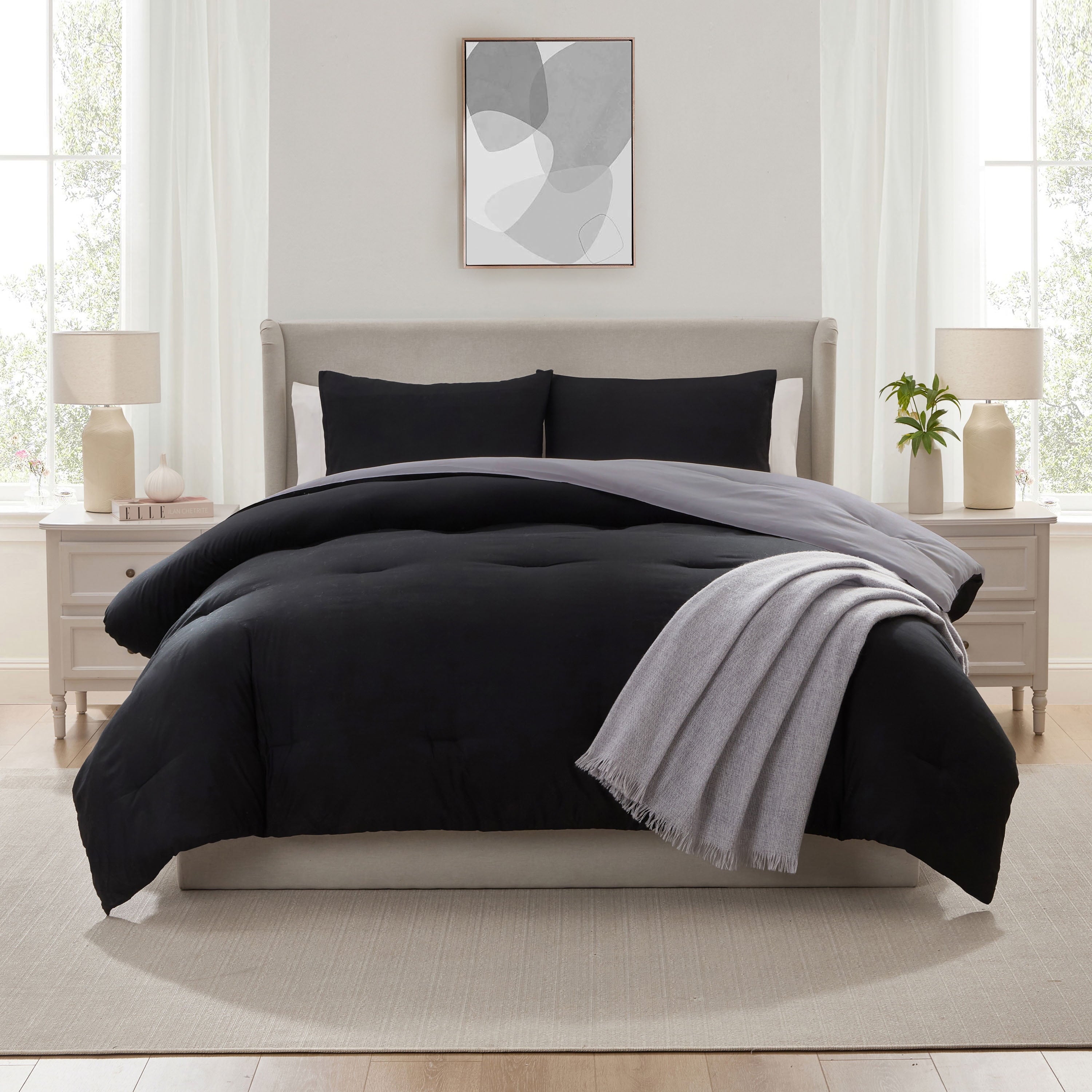 Heavyweight Warmth Comforter Sets, All Season Lightweight Reversible Queen Comforter Set, 3-Pc Bedding Sets, Black/Charcoal gray - All-Season Down Alternative Comforter Insert Detail