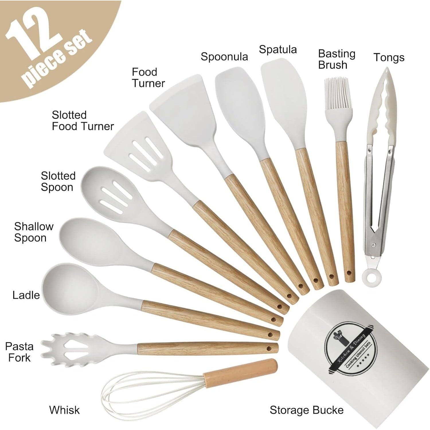 Premium Silicone Cooking Utensils Set, 12 packs Non-Stick Silicone Cooking Kitchen Utensils Spatula Set with Wooden Handles and... - Heat-Resistant Silicone Cooking Spatula Turner Detail