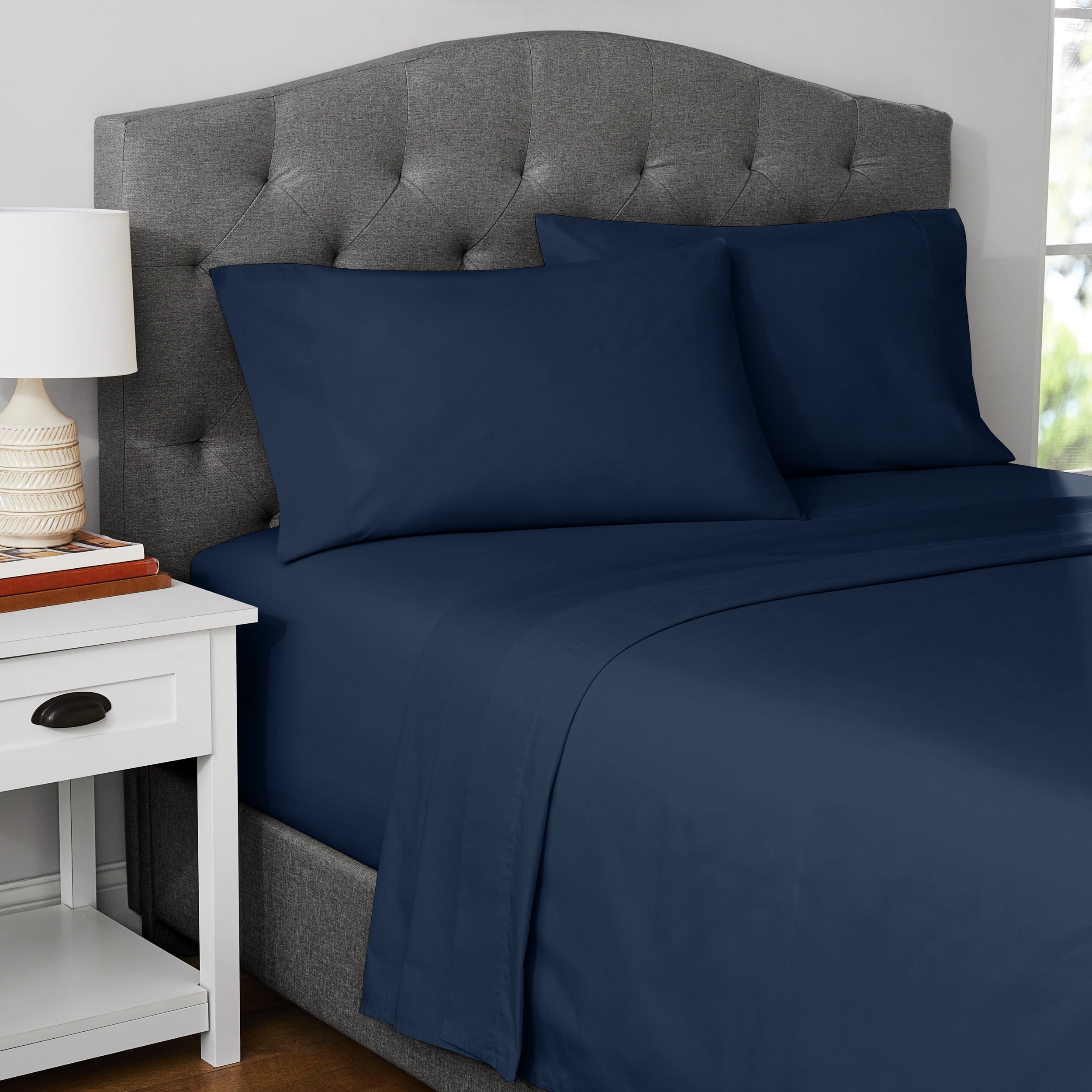 Wrinkle-Resistant 300 Thread Count Easy Care Blue Cove Cotton Blend Percale Flat Bed Sheet, King - Premium Ultra-Soft Pillowcase Pair for Sleeping Detail