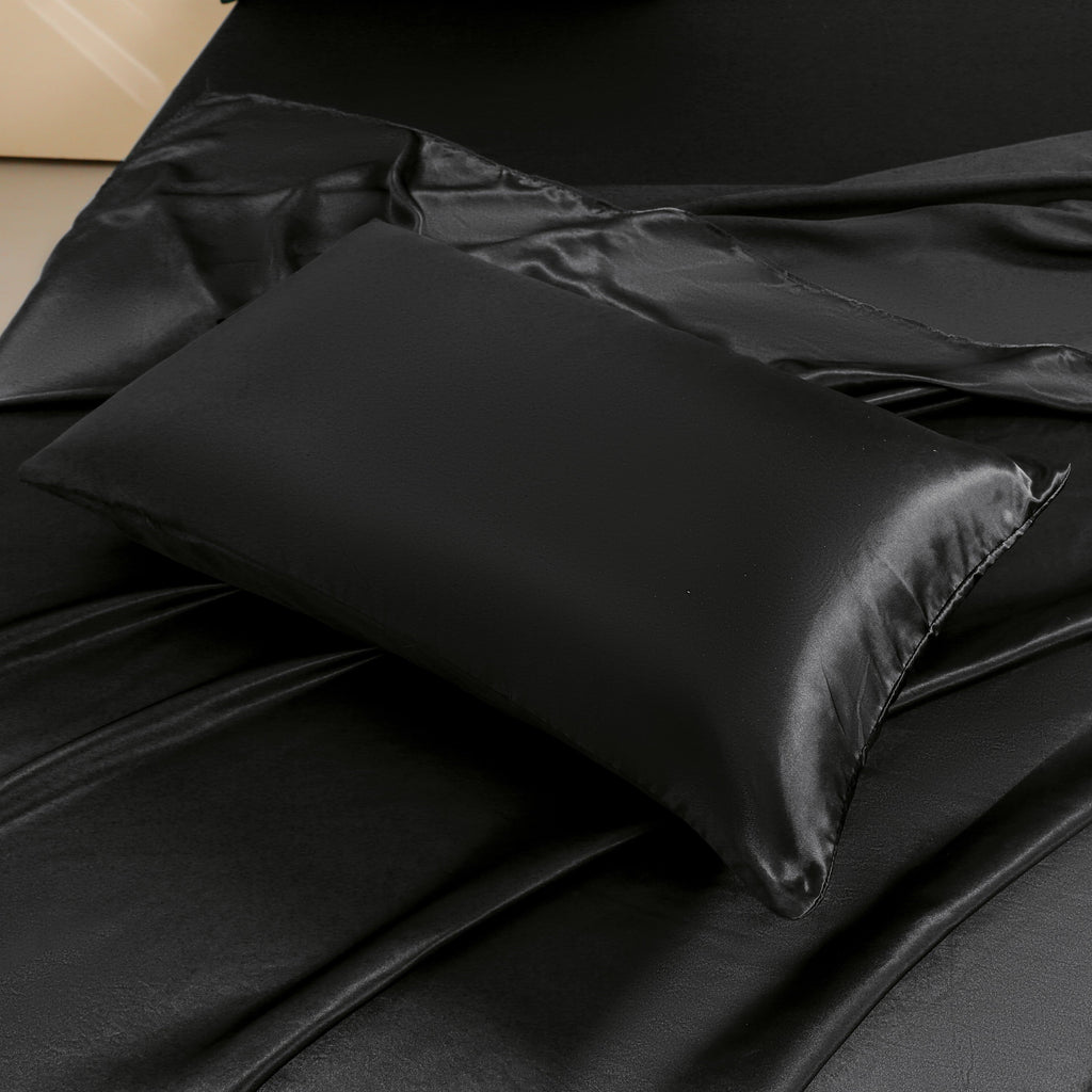 Premium Egyptian Cotton 4Pcs Black Satin Sheets Queen Set Silk Sheets 13" Deep Pocket Ultra Soft silky Bed Sheet Set - Premium Ultra-Soft Pillowcase Pair for Sleeping Detail