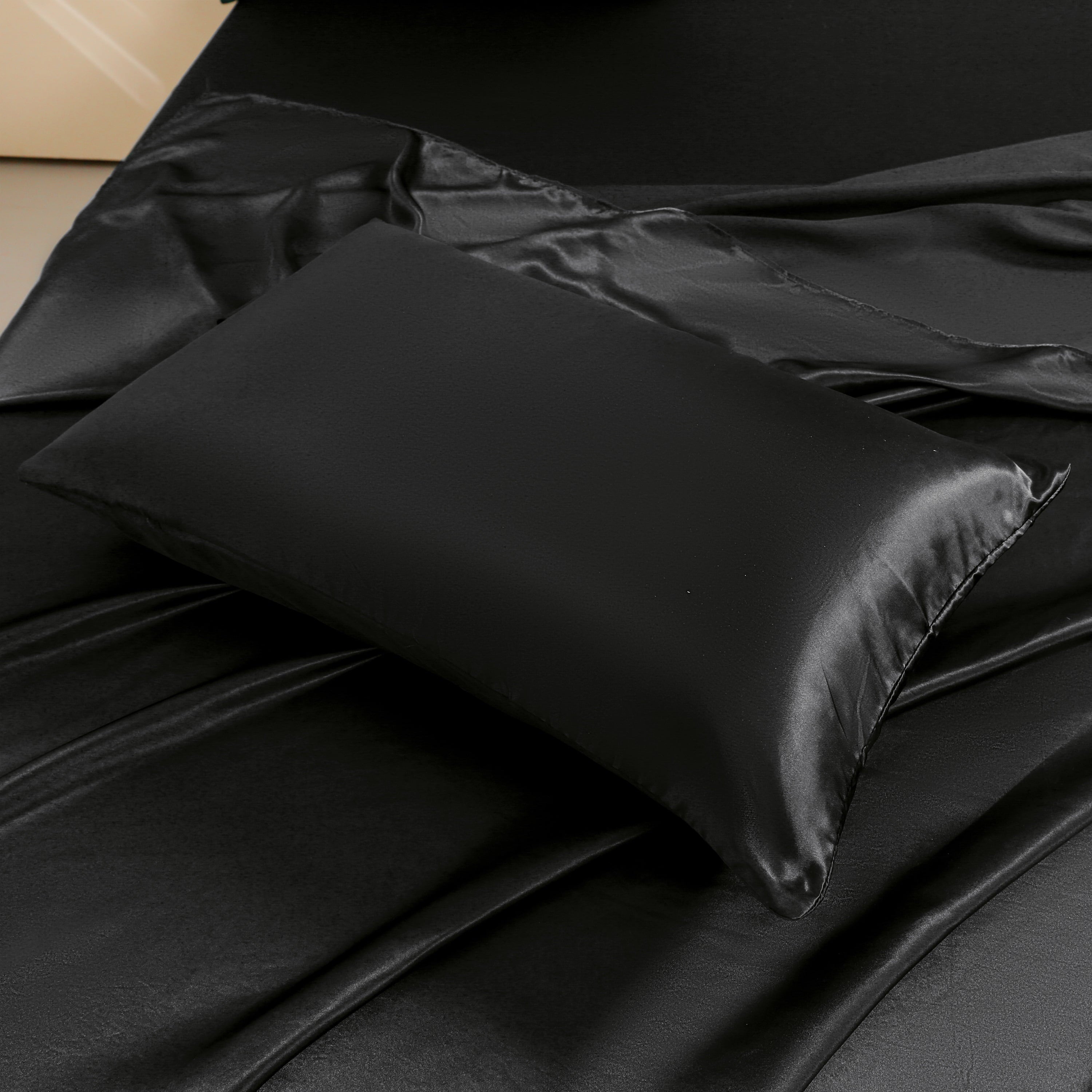 Premium Egyptian Cotton 4Pcs Black Satin Sheets Queen Set Silk Sheets 13" Deep Pocket Ultra Soft silky Bed Sheet Set - Premium Ultra-Soft Pillowcase Pair for Sleeping Detail