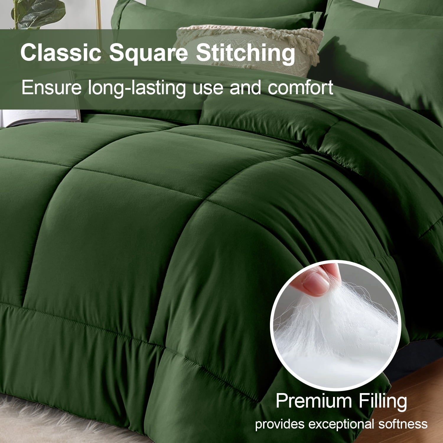 Hypoallergenic Cloud Queen Comforter Set Forest Green Bed in a Bag Queen Size 7 Pieces Soft Bed Set Lightweight Microfiber Green Bedding C... - Hypoallergenic Ultra-Fluffy Quilt for Winter Detail