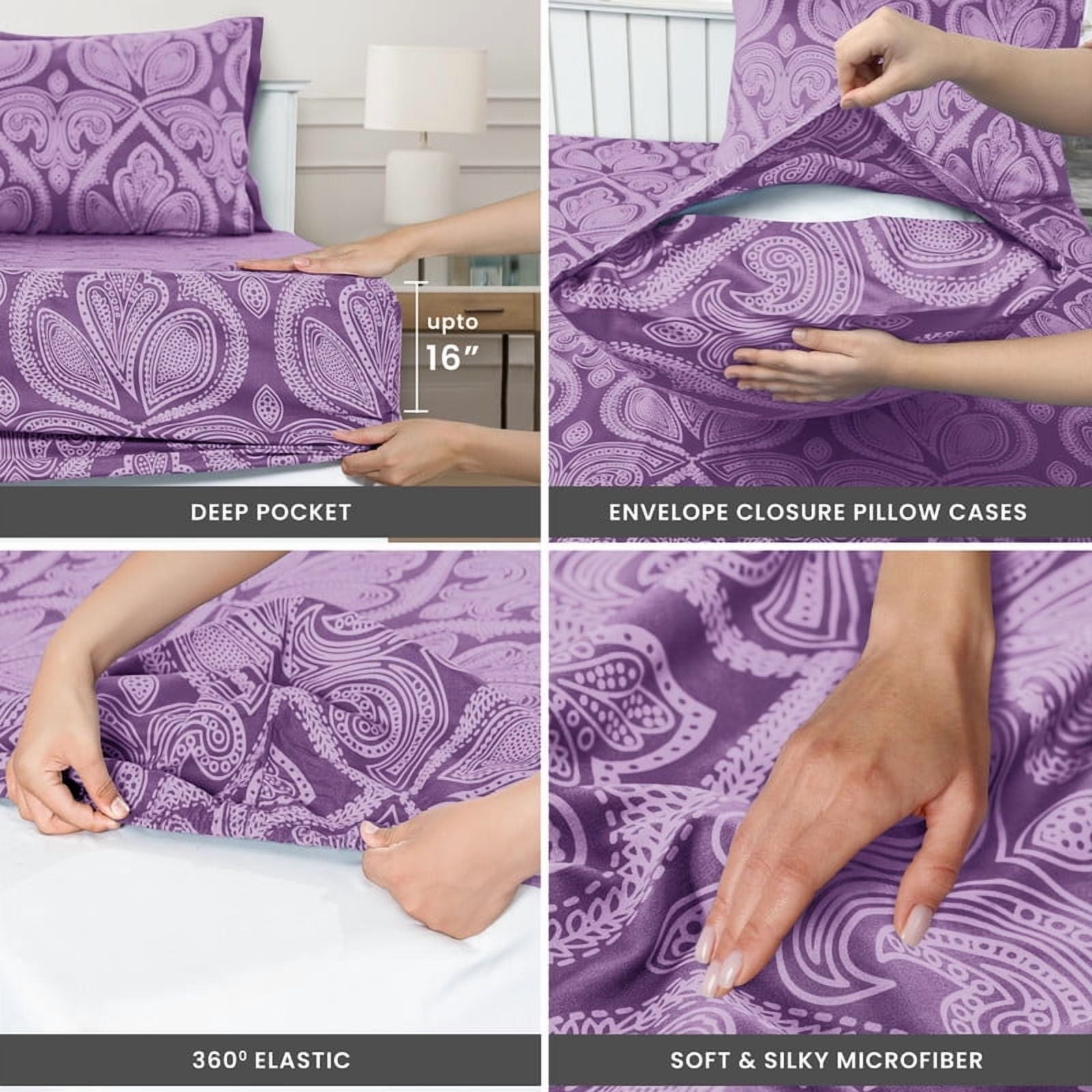 Wrinkle-Resistant Paisley Printed Queen Bed Sheets Set, Microfiber 6 Piece Bedding Set - Purple - Cooling Hotel Quality Bedding Sheets and Pillowcases Detail