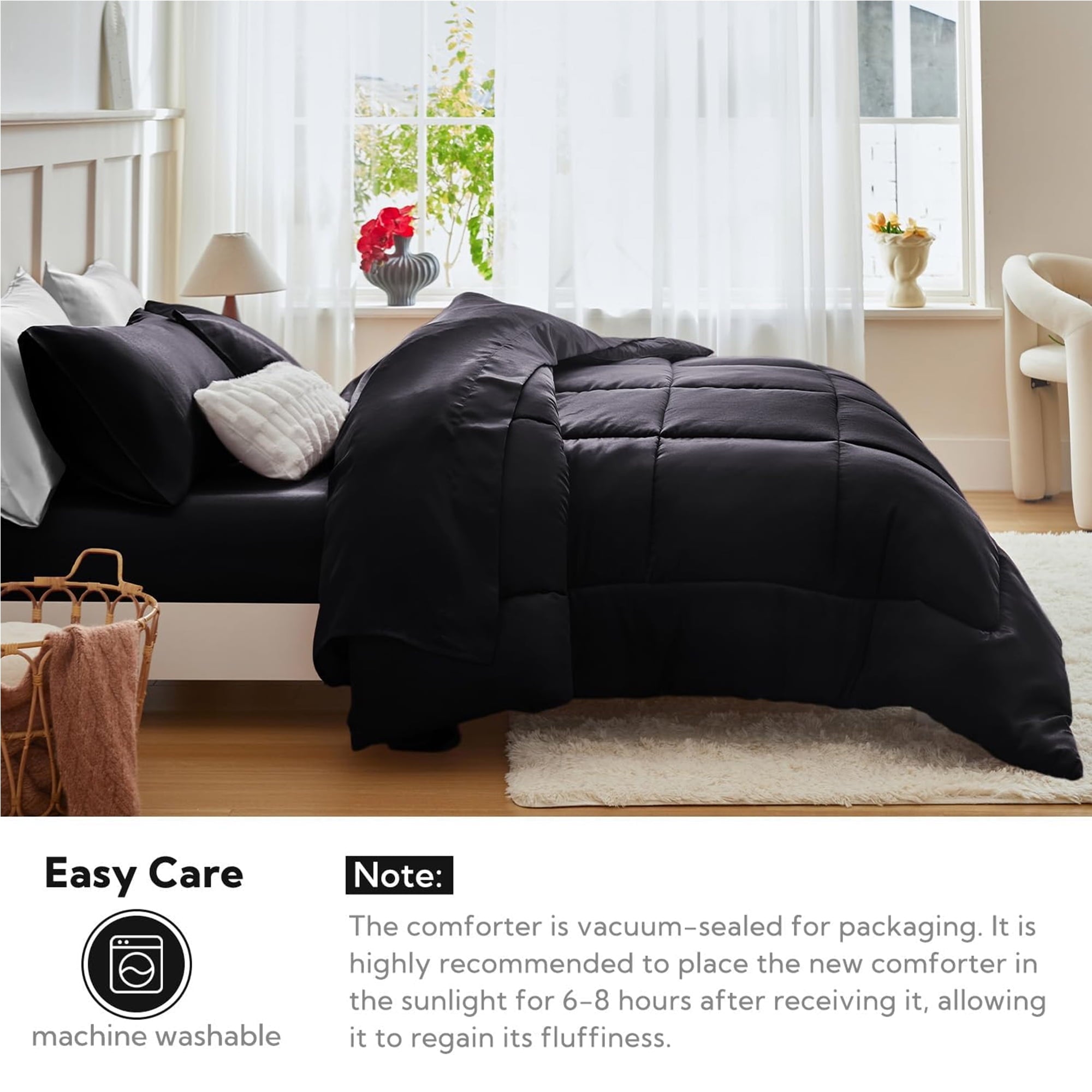 Heavyweight Warmth Reversible Satin Microfiber Comforter 3 Pieces Queen Size, Black Queen Comforter Set for All Seasons, Silky Soft Sati... - All-Season Down Alternative Comforter Insert Detail